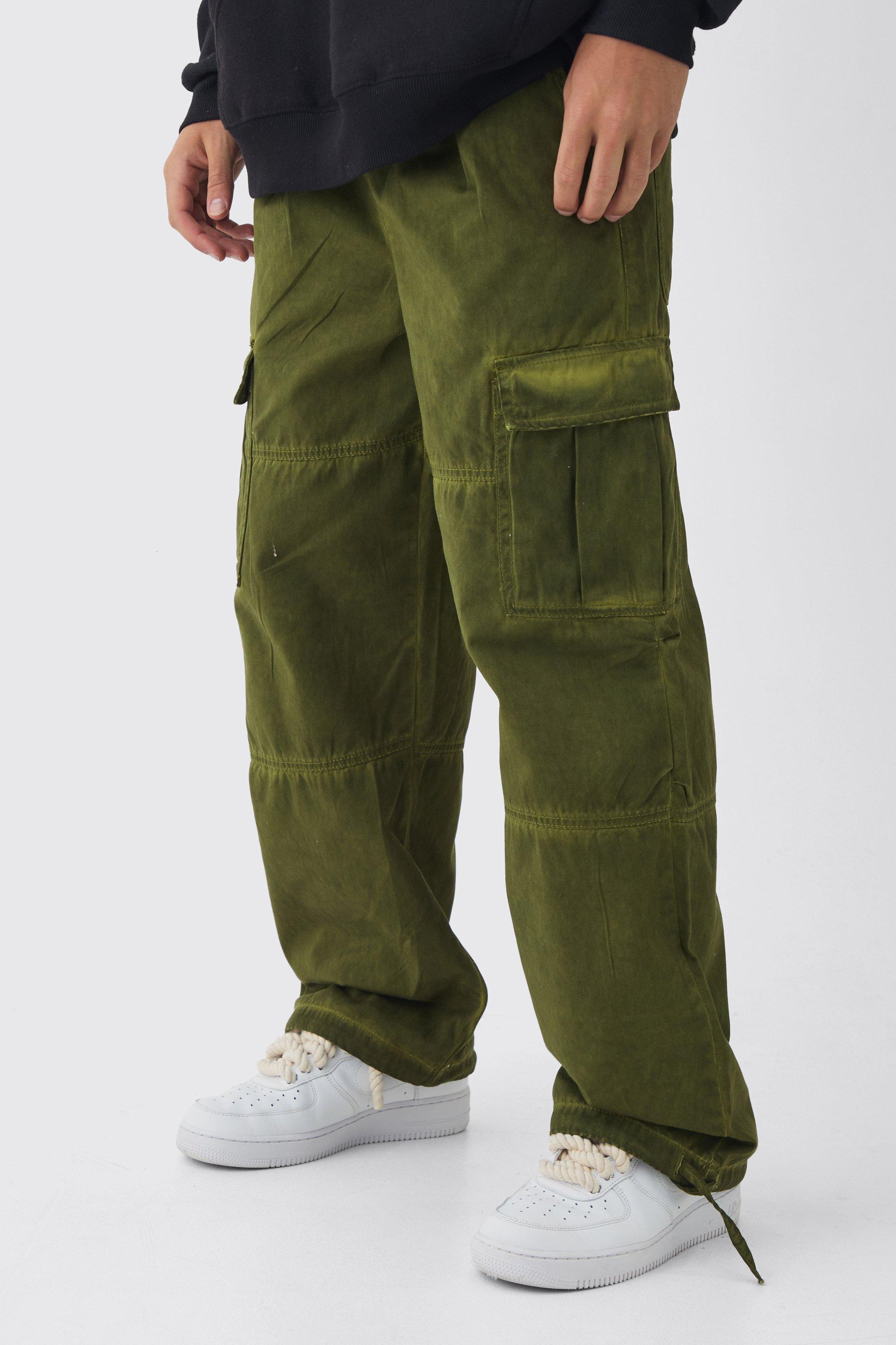 Boohoo Baggy Oil Wash Gebleekte Cargo Broek Met Print En Elastische Taille, Khaki