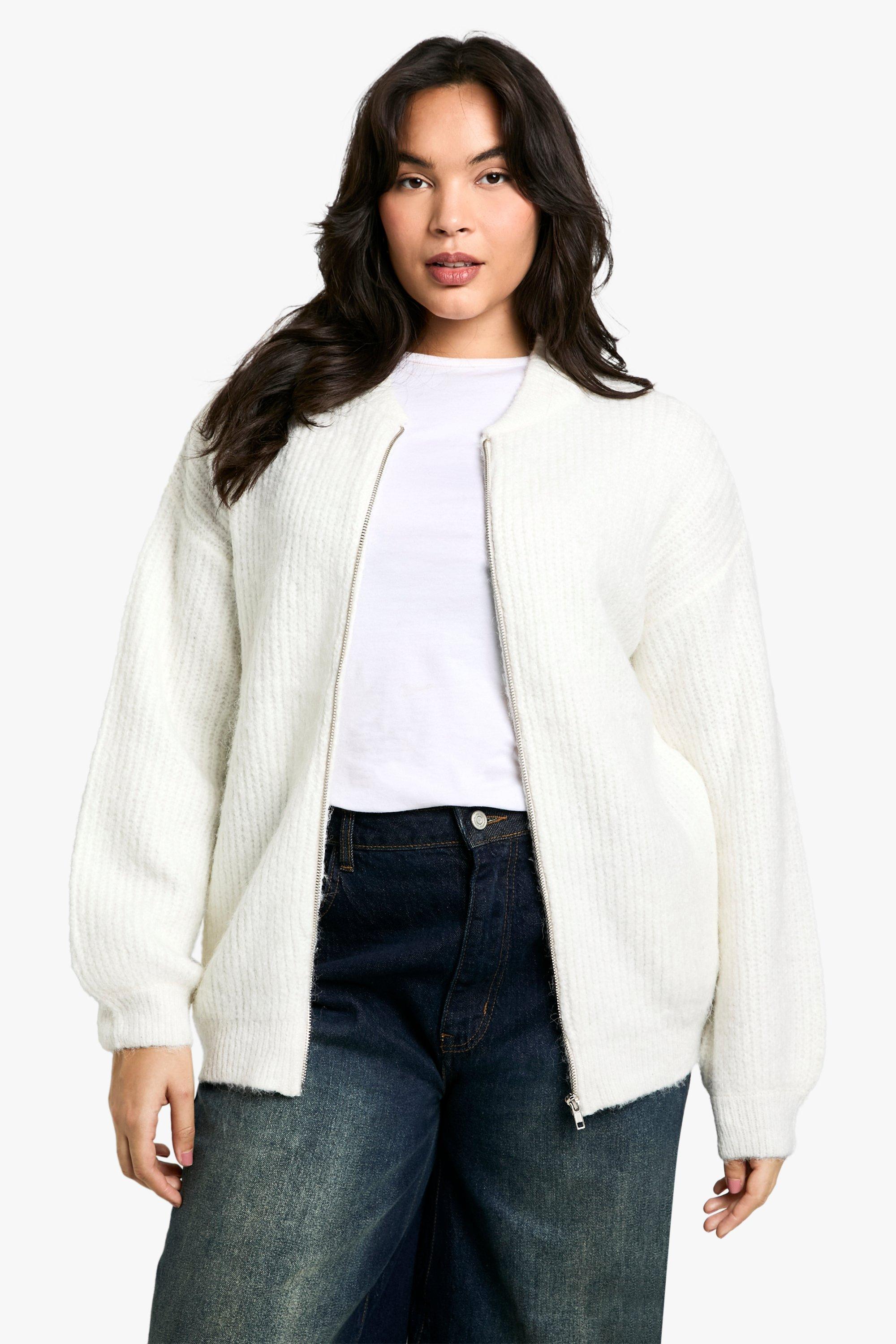 Boohoo Plus Oversized Gebreid Bomberjack Met Rits, Off White