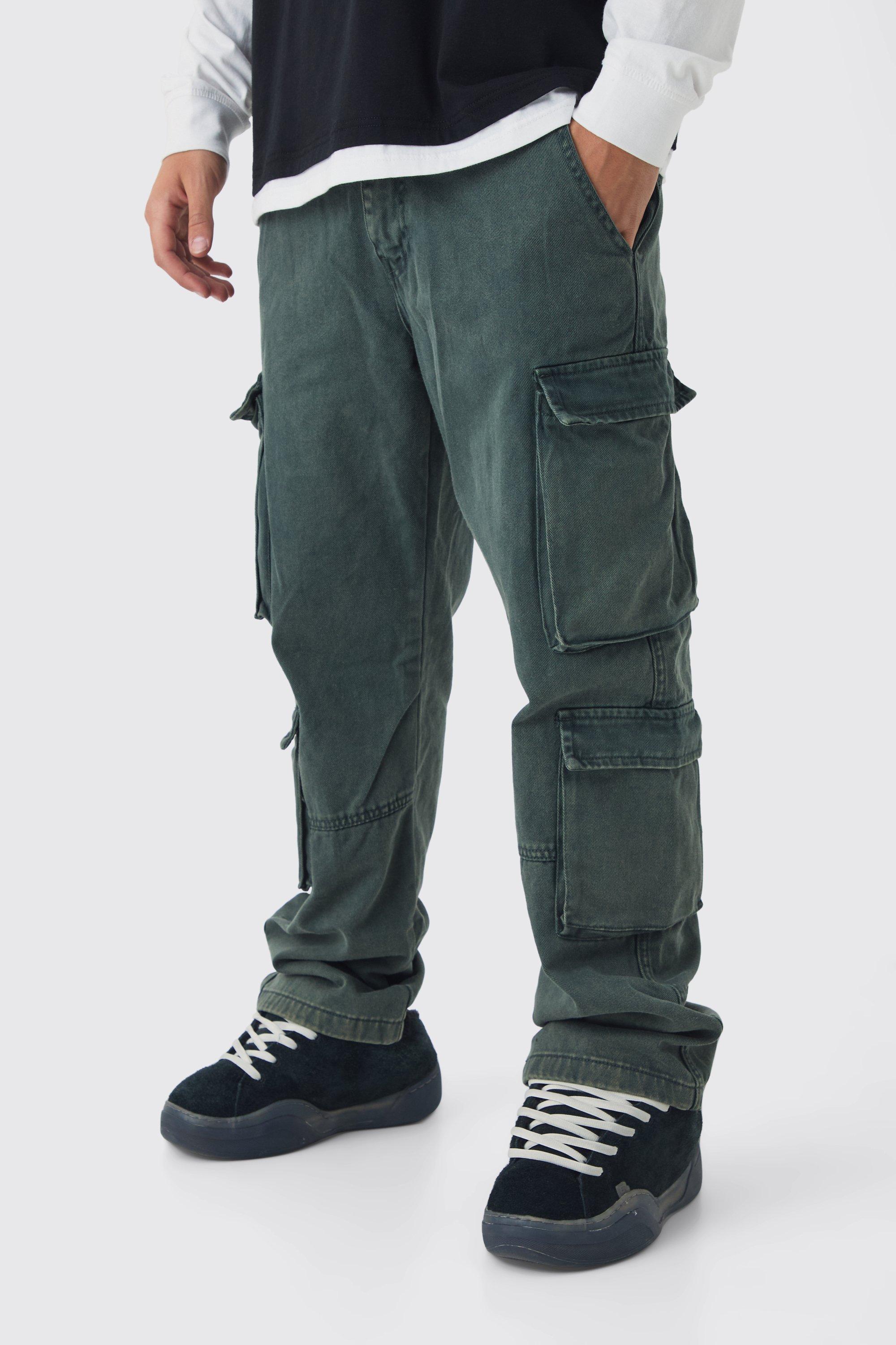 Boohoo Dikke Acid Wash Gebleekte Keperstof Cargo Broek Met Rechte Pijpen, Dark Green