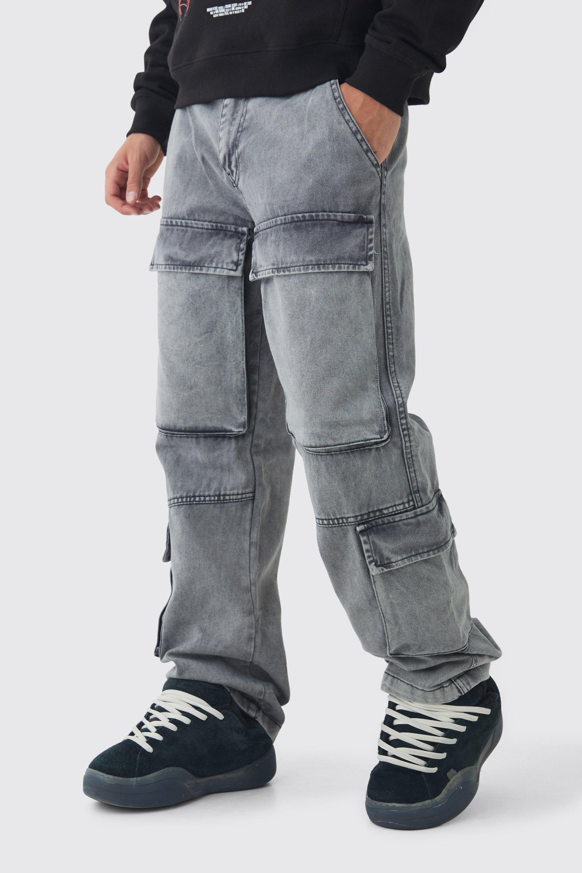 Boohoo Dikke Acid Wash Gebleekte Keperstof Cargo Broek Met Rechte Pijpen, Black