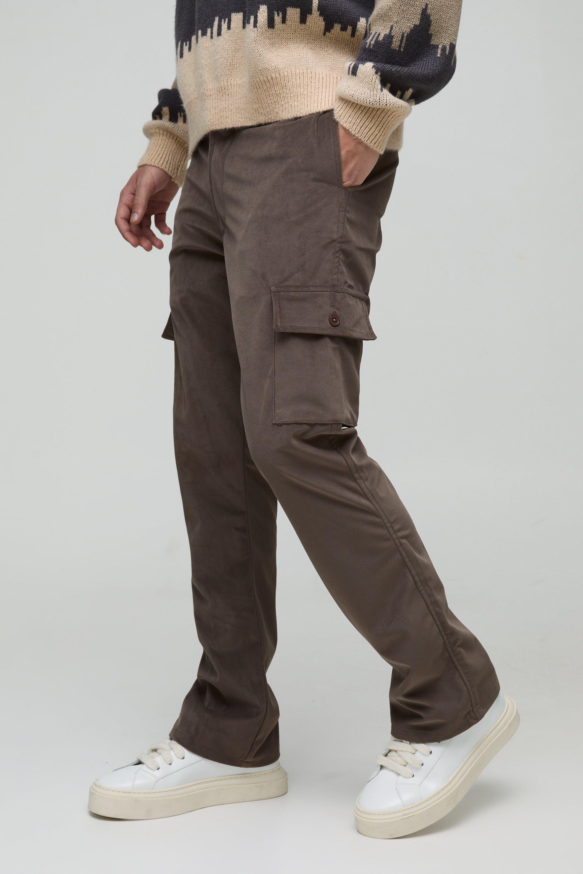 Boohoo Slim Fit Flared Suède Cargo Broek Met Tailleband, Chocolate