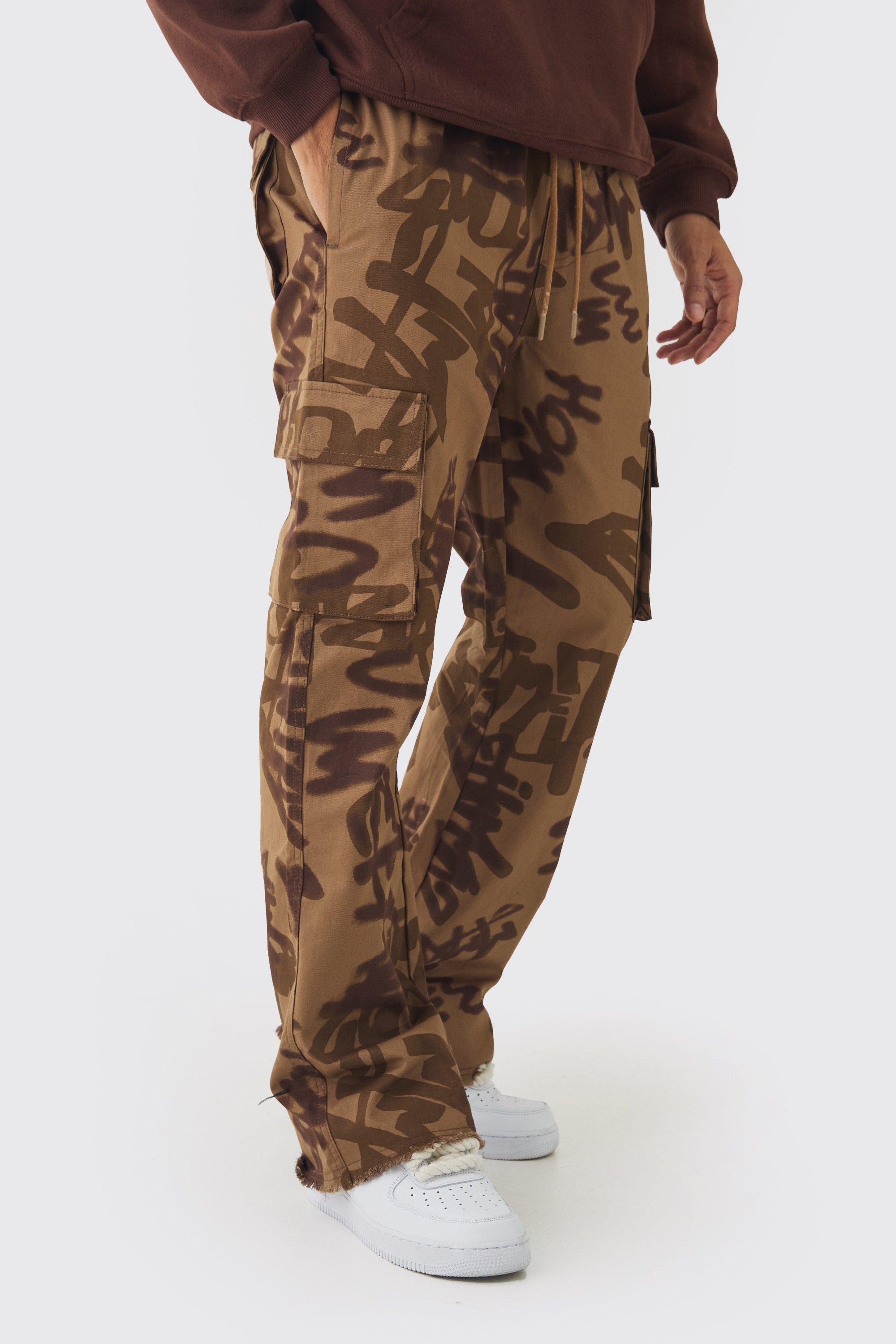 Boohoo Baggy Keperstof Laser Print Cargo Broek Met Wijde Pijpen, Elastische Taille, Chocolate