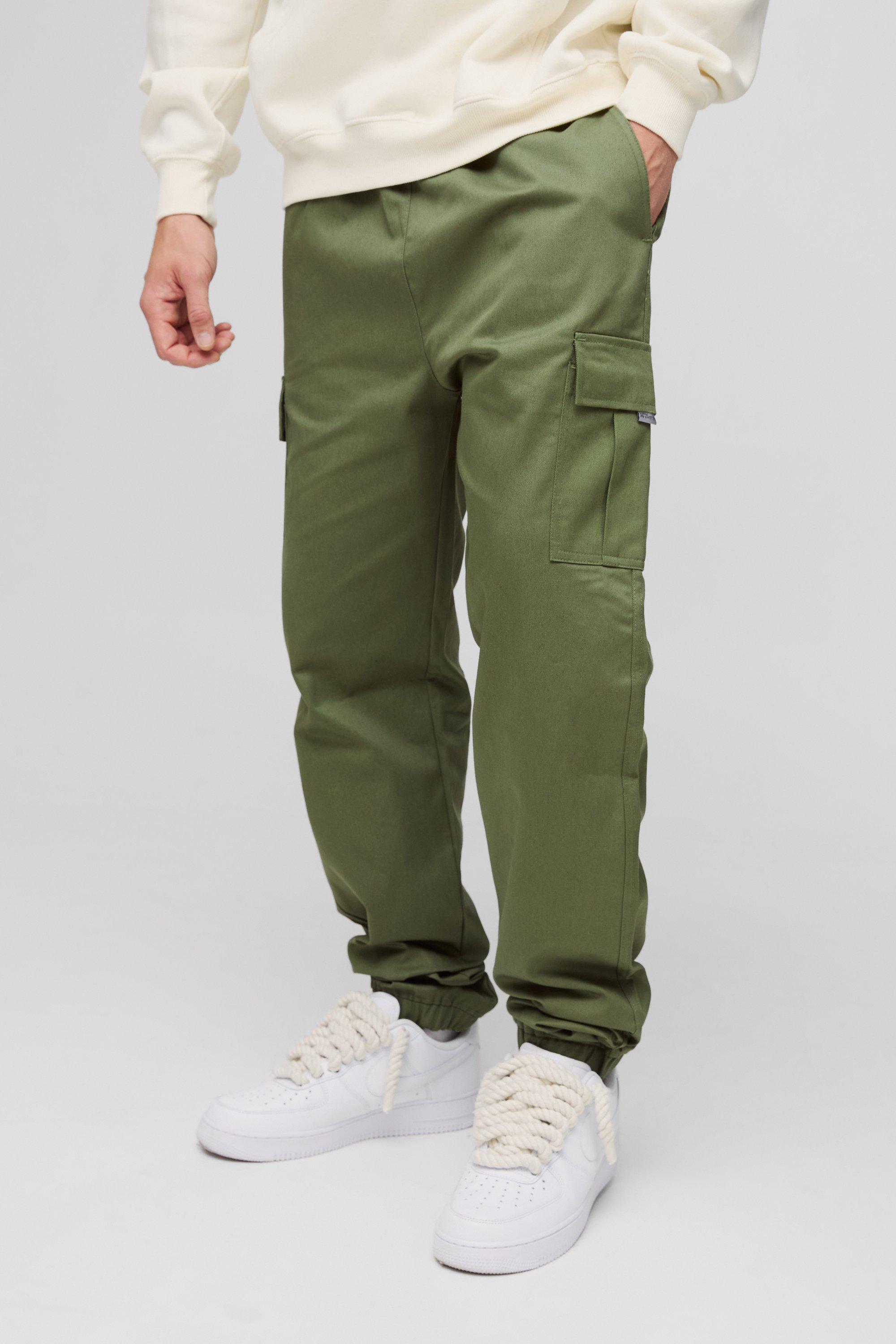 Boohoo Geweven Slim Fit Cargo Broek Met Elastische Taille En Label, Khaki