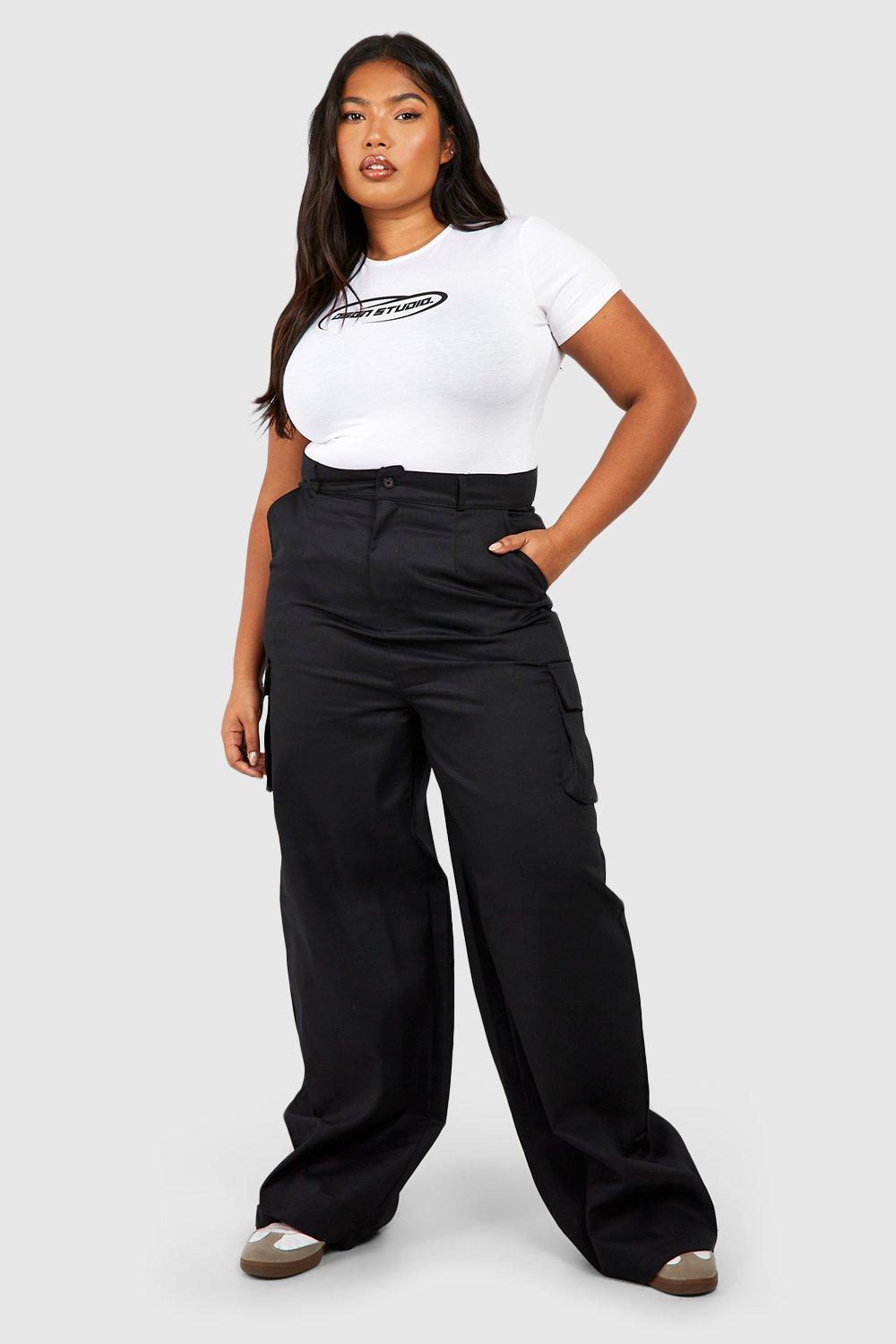 Boohoo Plus Keperstof Wide Leg Cargo Broek Met Ceintuur, Black