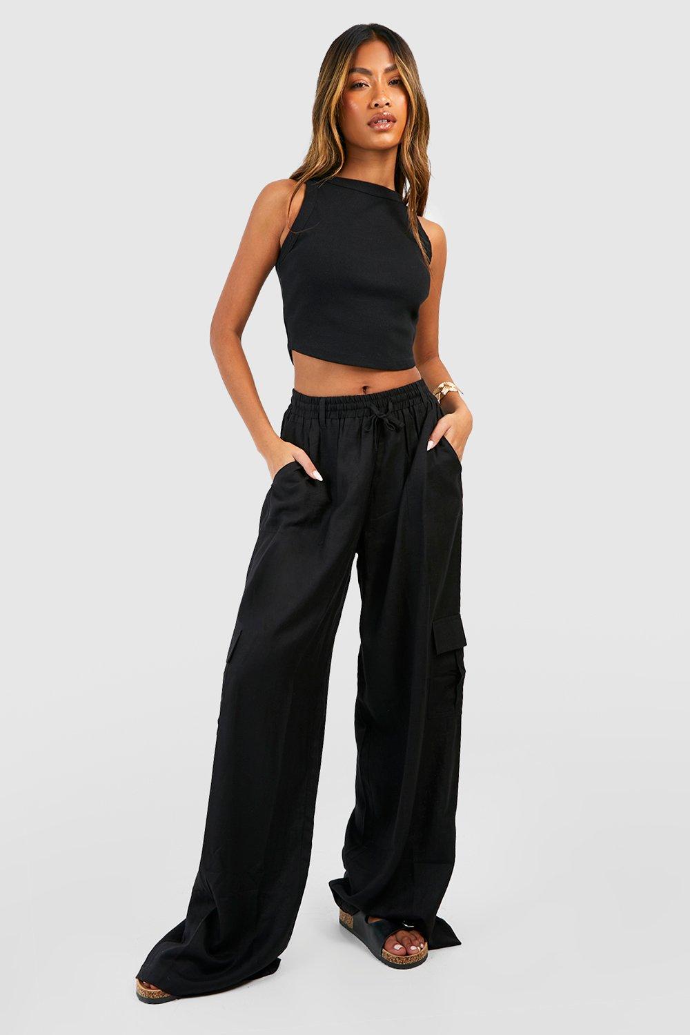 Boohoo Linnen Wide Leg Cargo Broek, Black