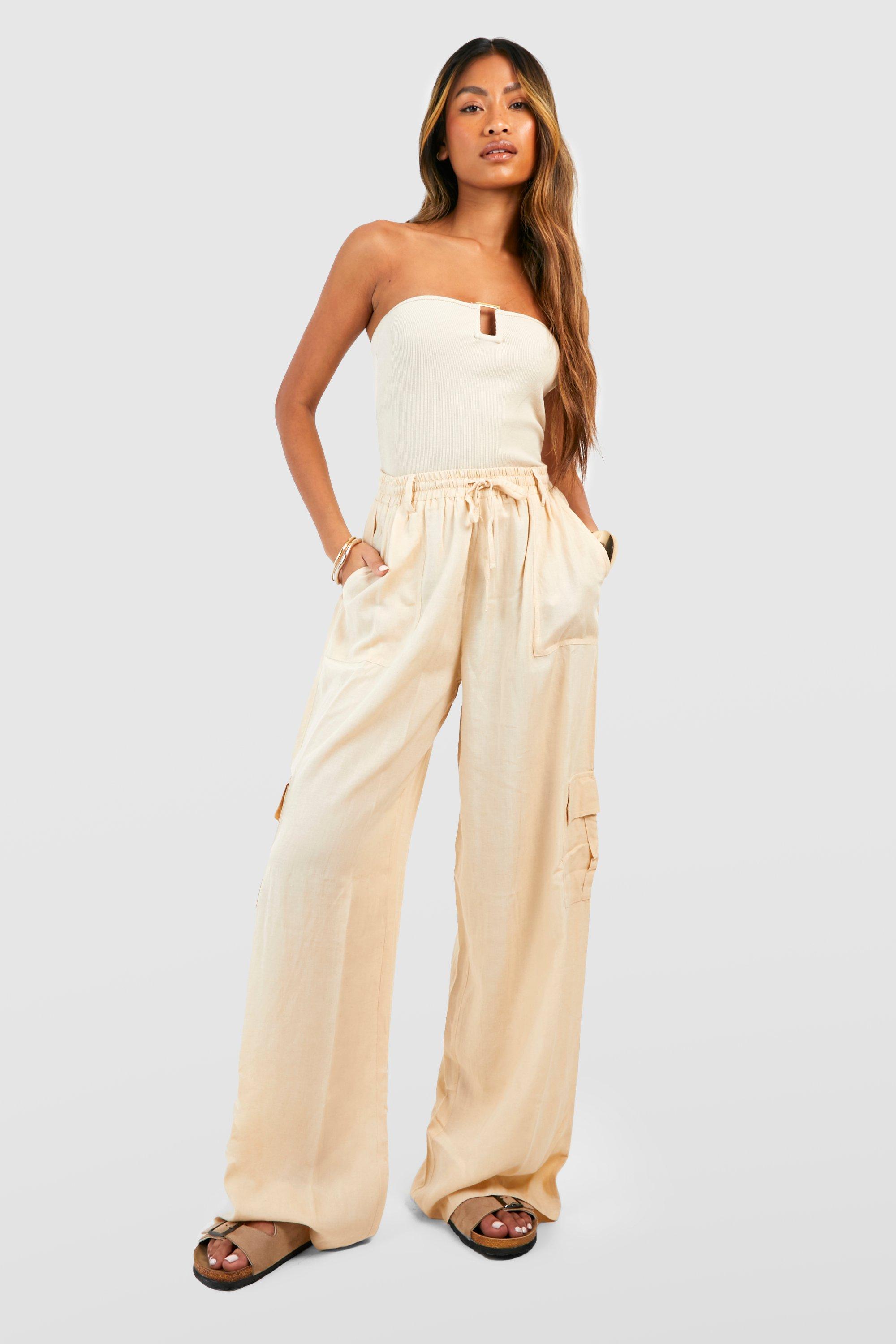 Boohoo Linnen Wide Leg Cargo Broek, Stone