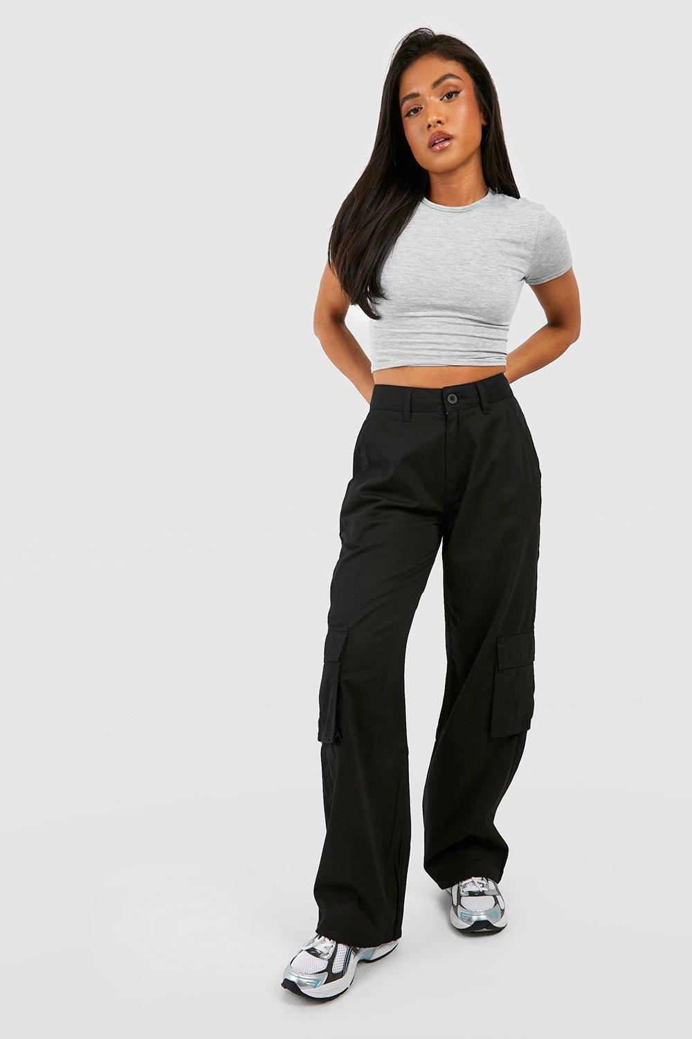 Boohoo Petite Keperstof High Waist Cargo Broek Met Rechte Pijpen, Black