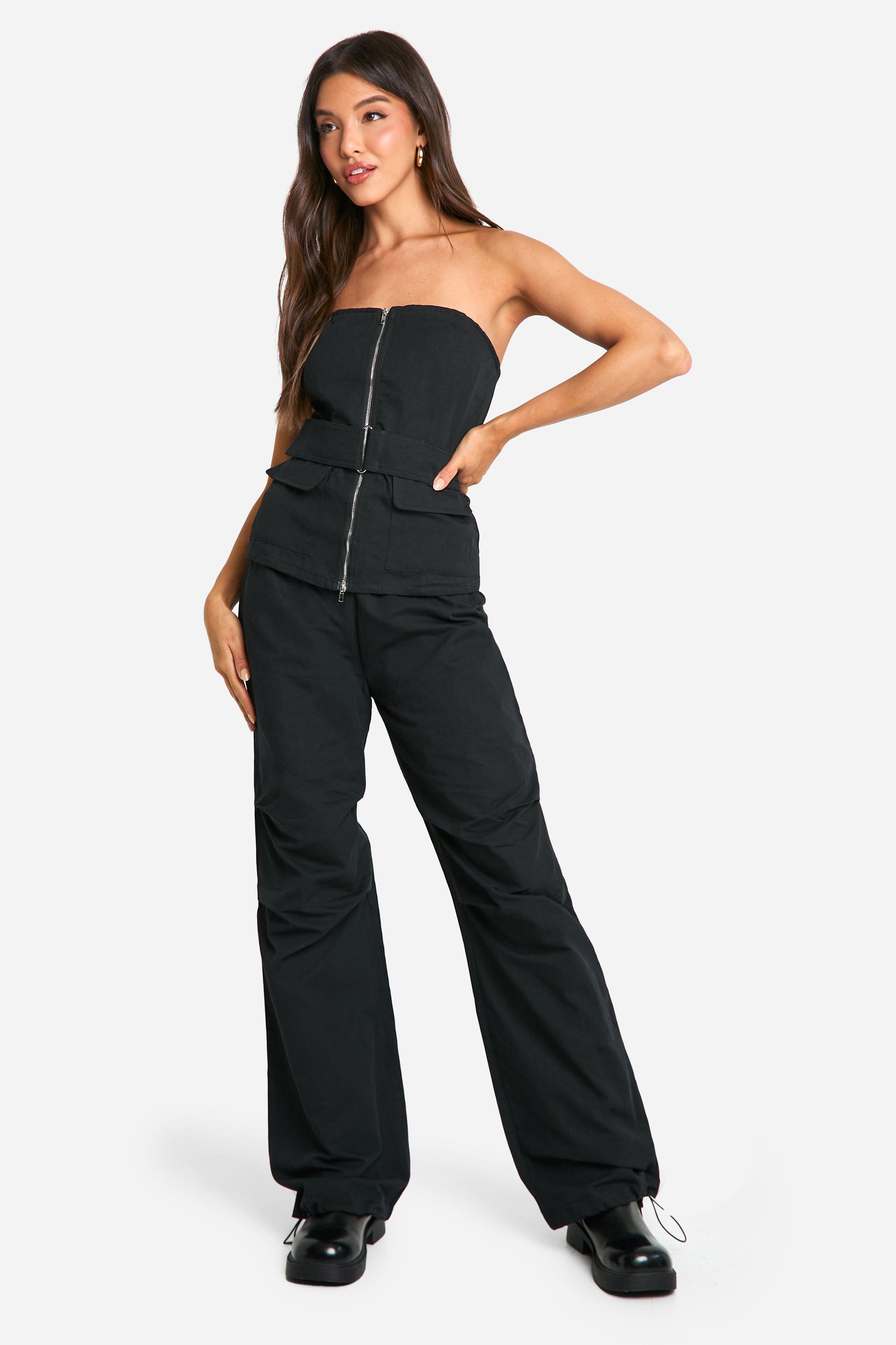 Boohoo Cargo Broek Met Geplooide Tailleband En Geplooide Knieën En Touwtjes, Black