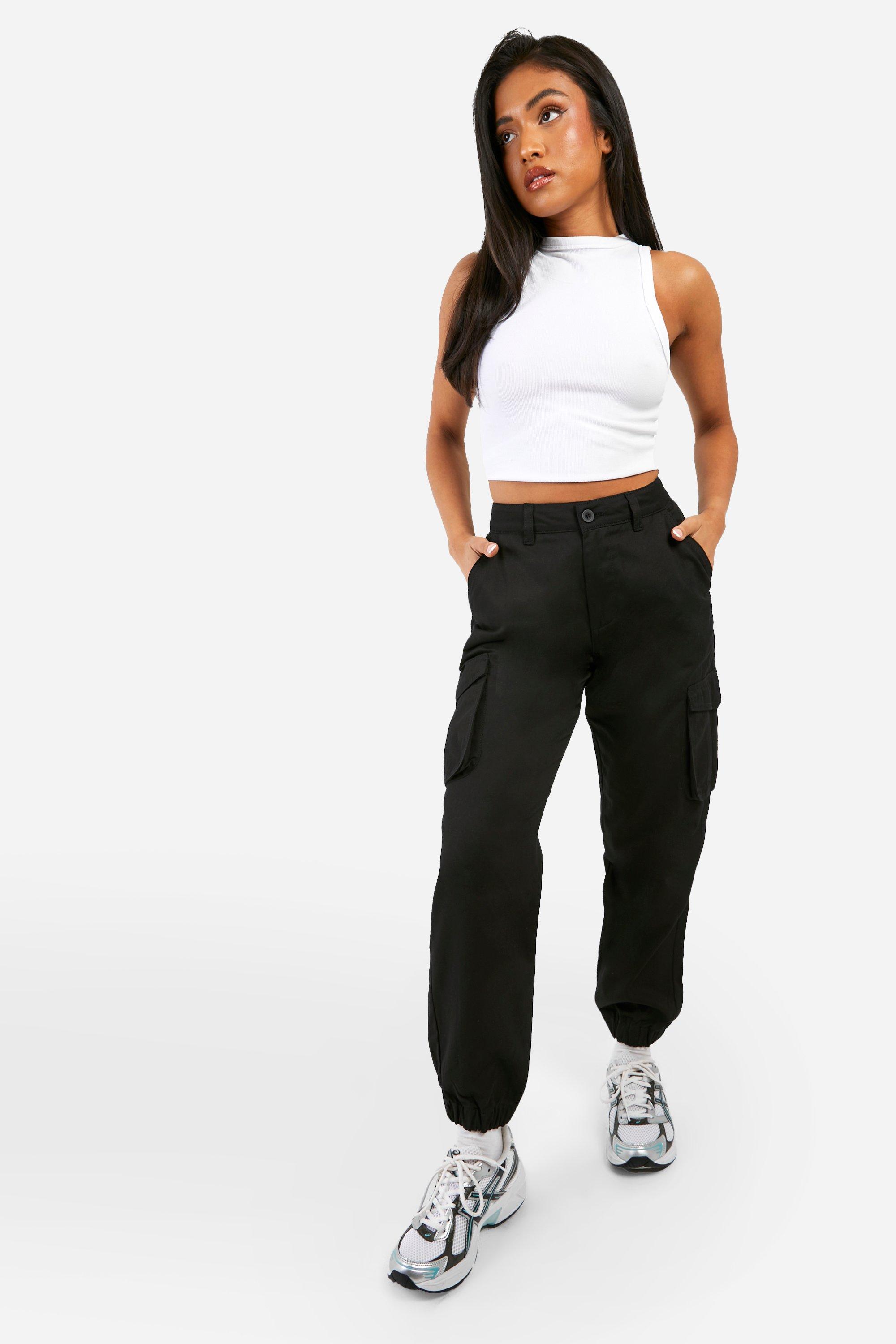 Boohoo Petite Keperstof Cargo Joggingbroek Met Hoge Taille, Black