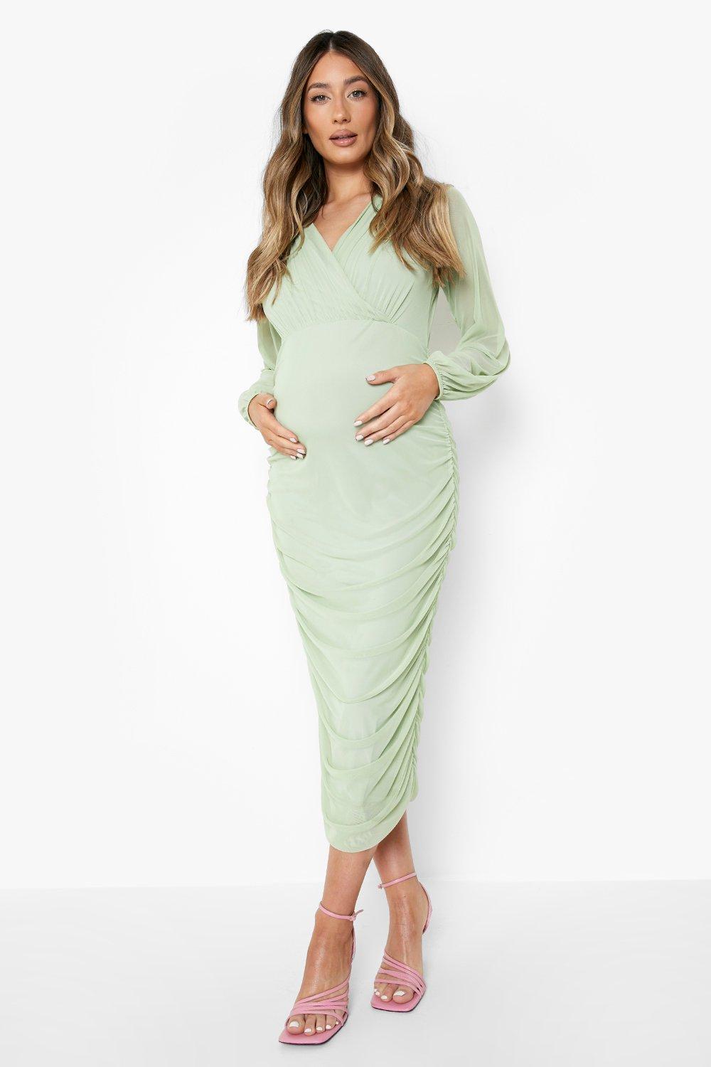 Boohoo Zwangerschap Mesh Midi Wikkel Jurk, Sage