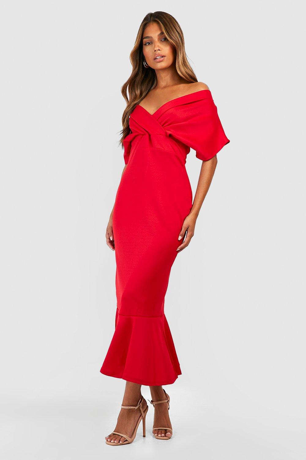 Boohoo Scuba Off Shoulder Peplum Midaxi Jurk, Red