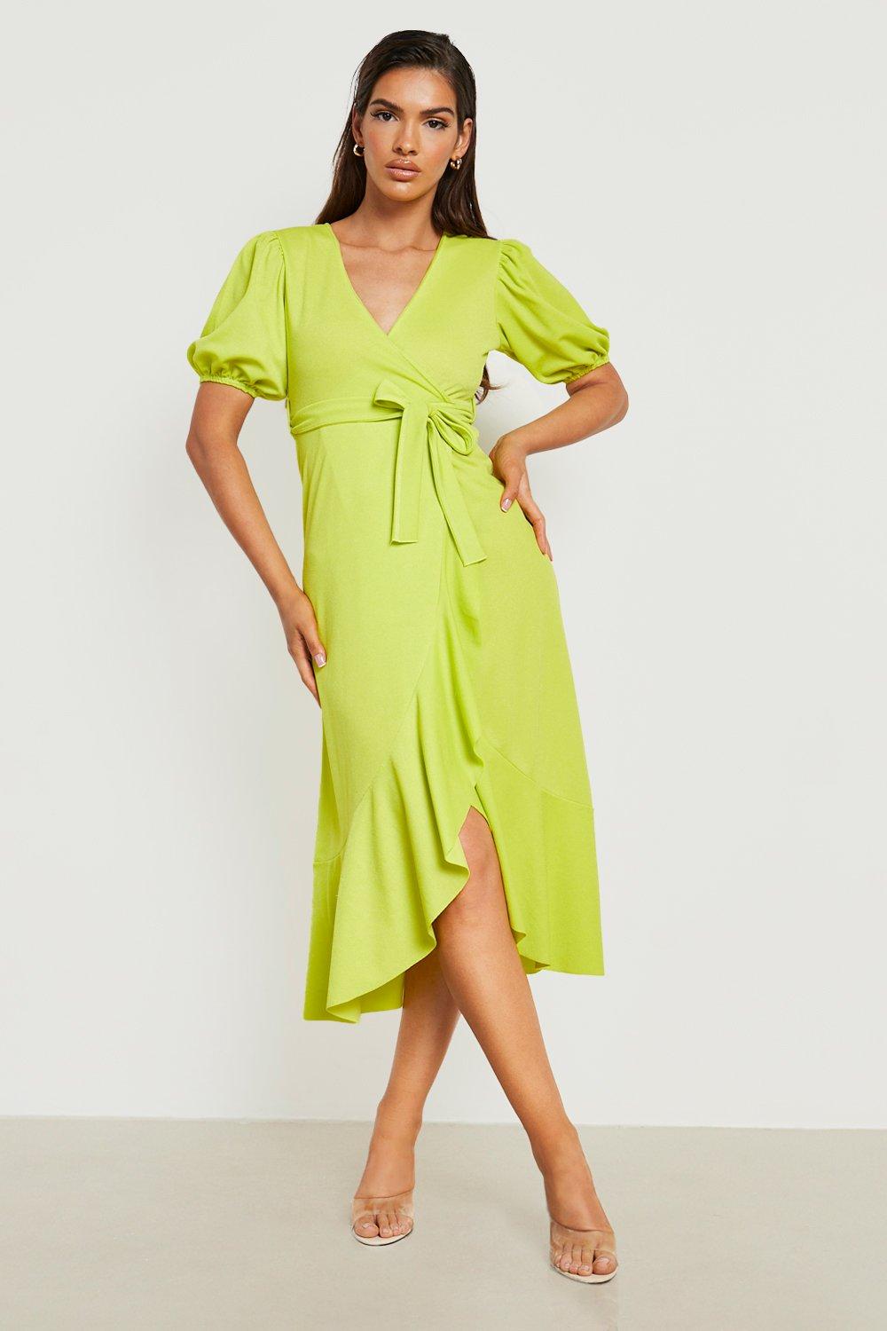 Boohoo Midaxi Wikkel Jurk Met Ruches En Pofmouwen, Chartreuse