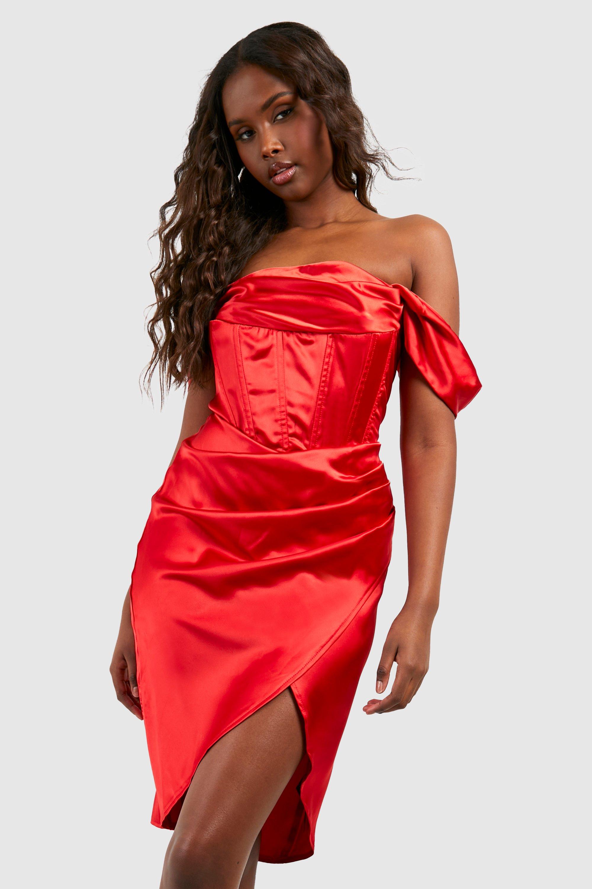 Boohoo Satijnen Off Shoulder Midi Jurk Met Korset Detail, Red