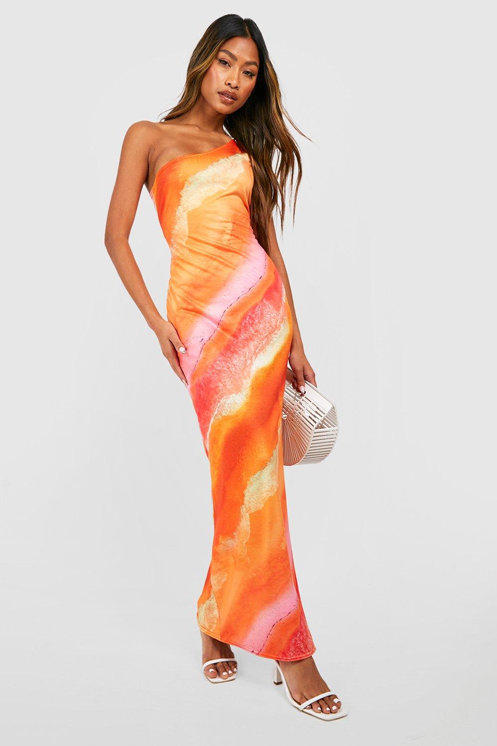 Boohoo Asymmetrische Maxi Jurk Met Abstracte Print, Orange