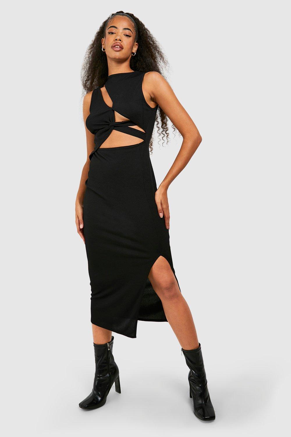 Boohoo Geribbelde Gedraaide Mouwloze Midi Jurk Met Uitsnijding, Black