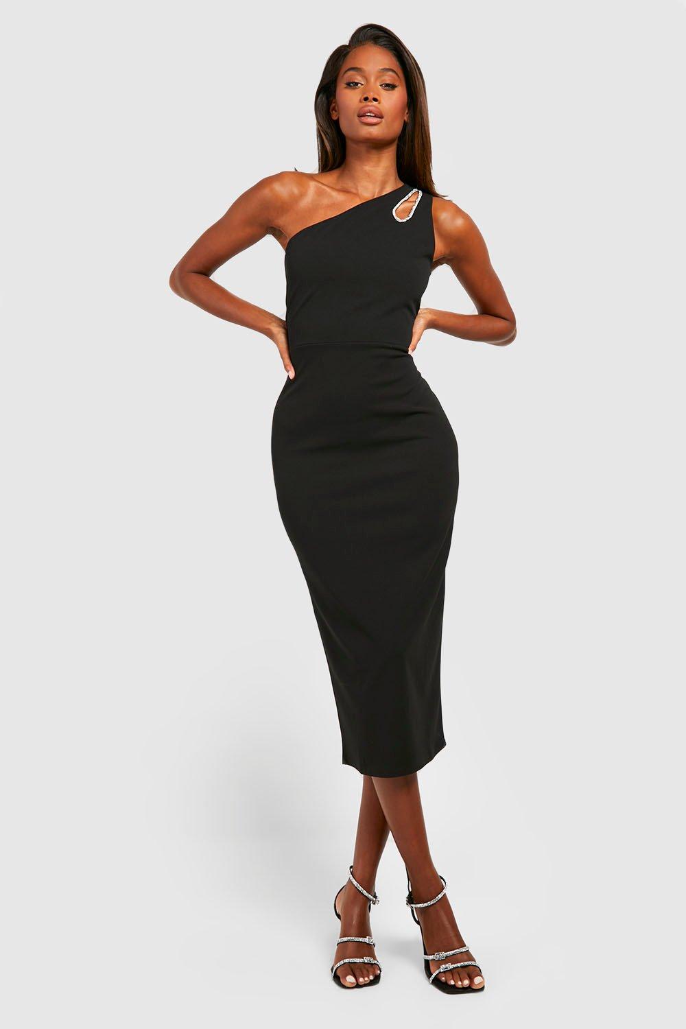 Boohoo Midi Jurk Met Steentjes En Eén Blote Schouder, Black