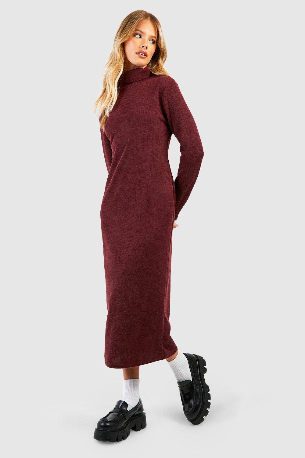 Boohoo Gebreide Midaxi Jurk Met Col, Wine