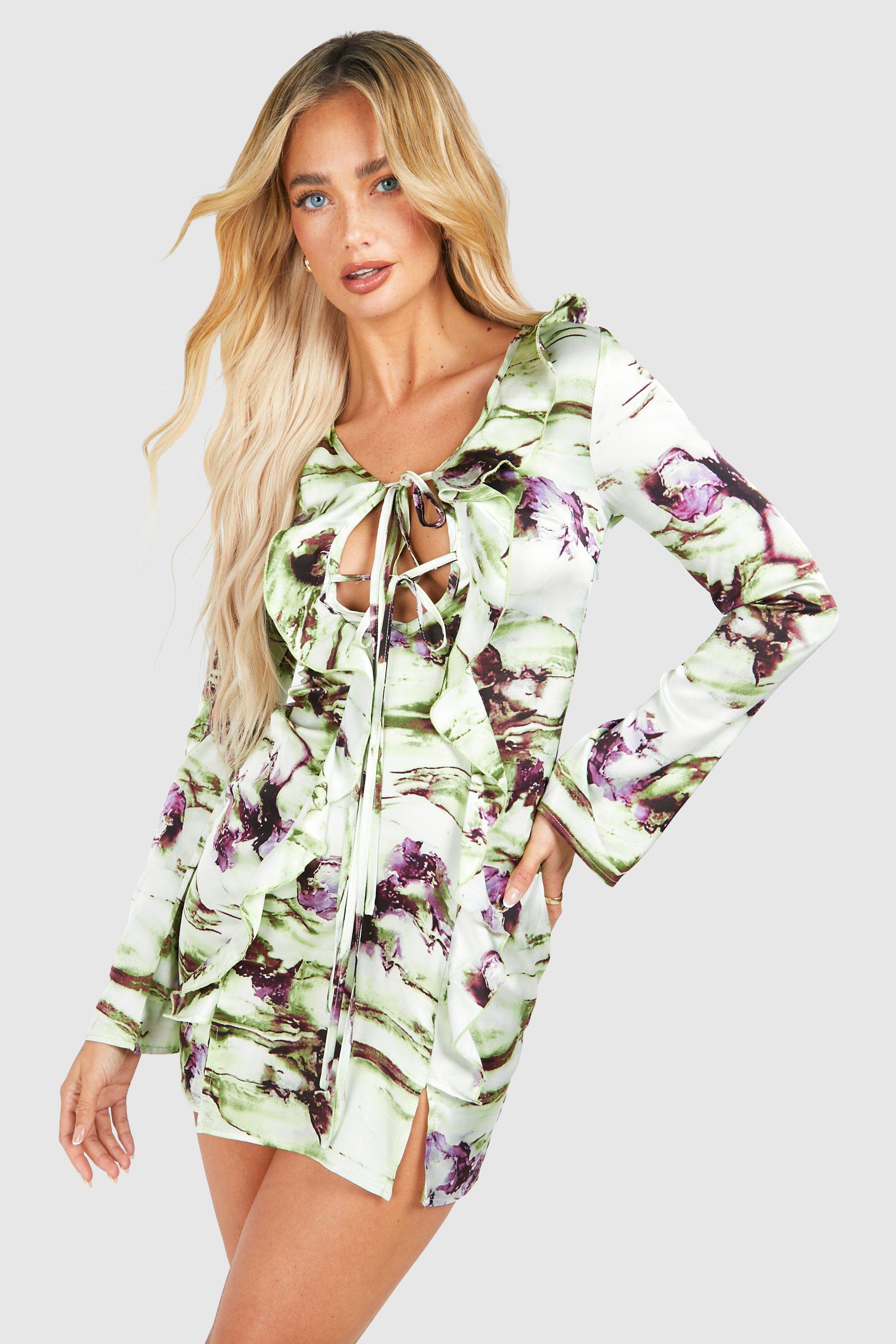 Boohoo Marmerprint Mini Jurk Met Strik En Ruches, Green