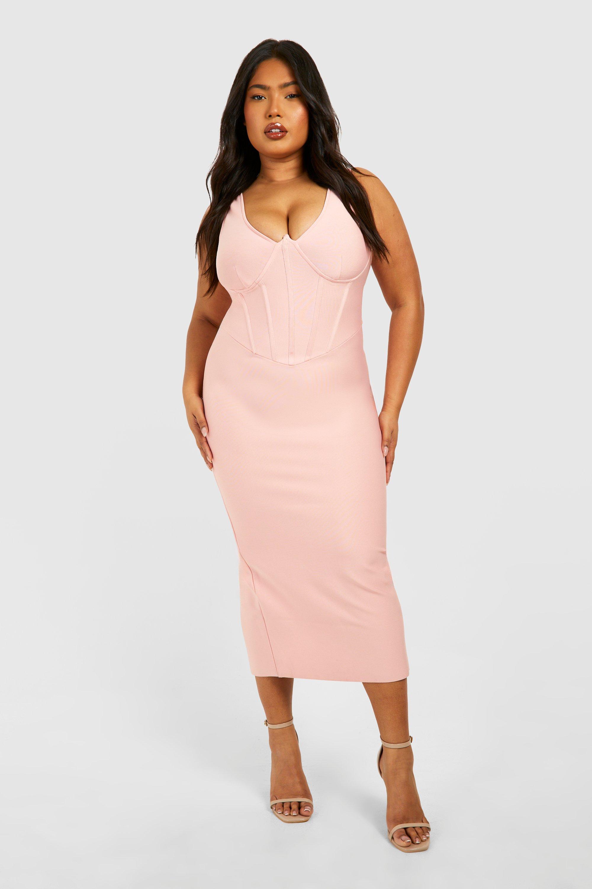 Boohoo Plus Strakke Midi Jurk Met Korset Detail, Rose