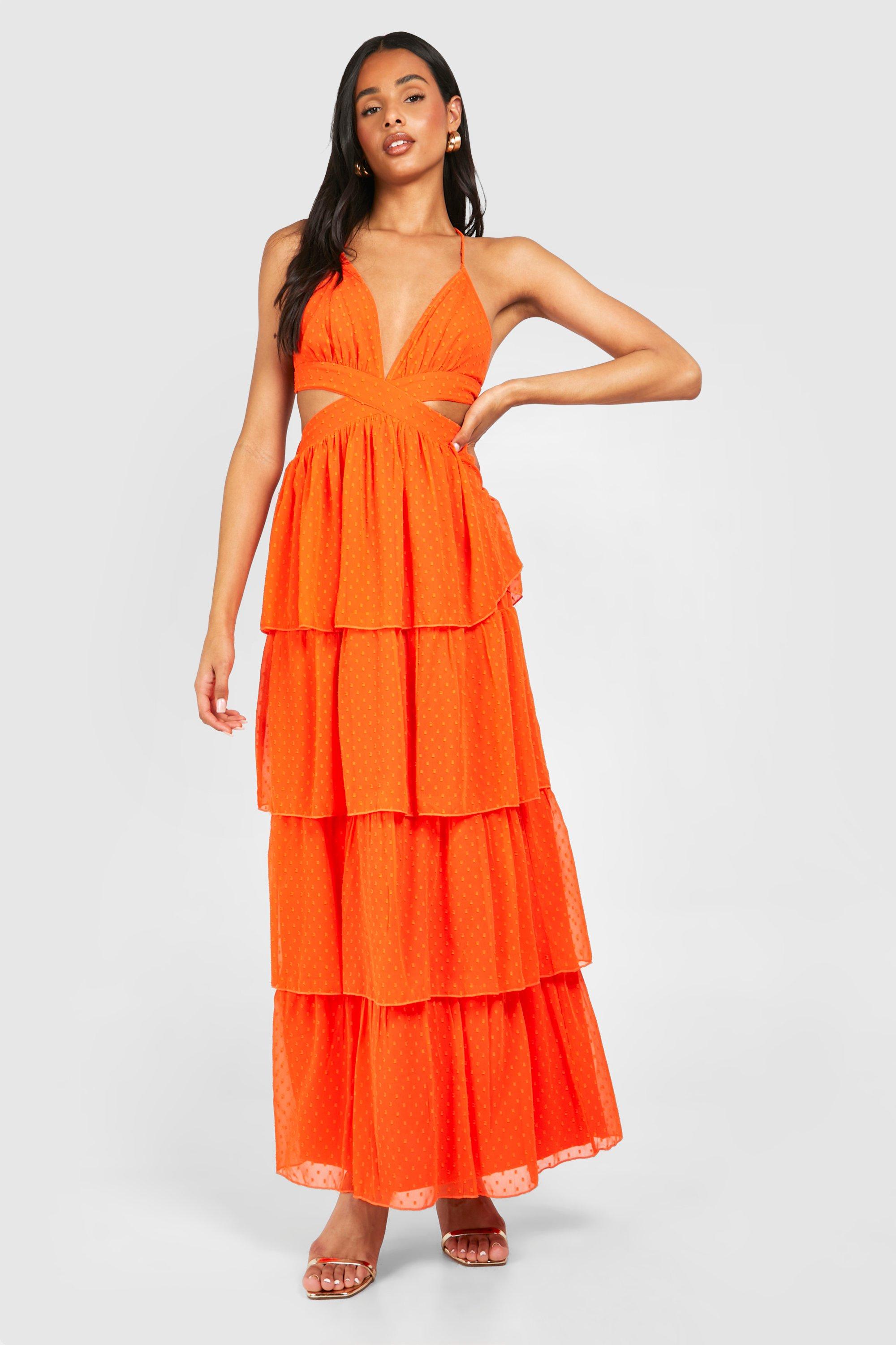 Boohoo Tall Dobby Maxi Jurk Met Uitsnijding, Orange