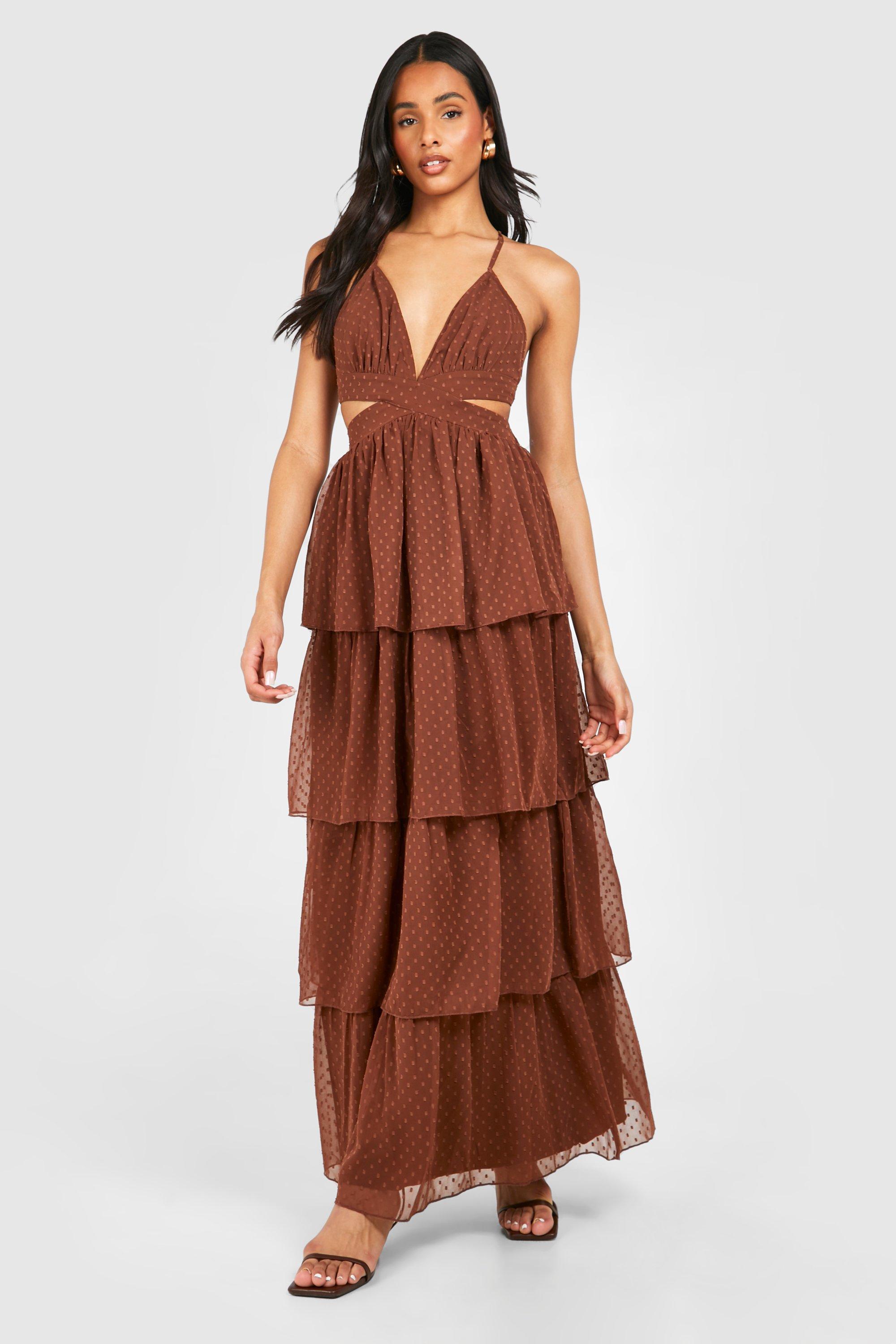 Boohoo Tall Dobby Maxi Jurk Met Uitsnijding, Chocolate