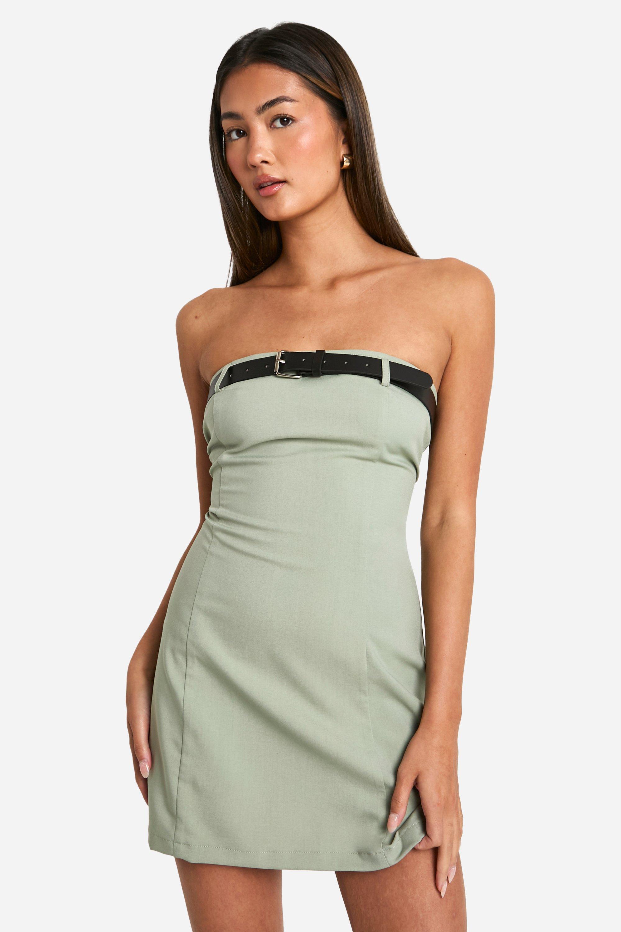 Boohoo Strapless Mini Jurk Met Riem Detail, Sage