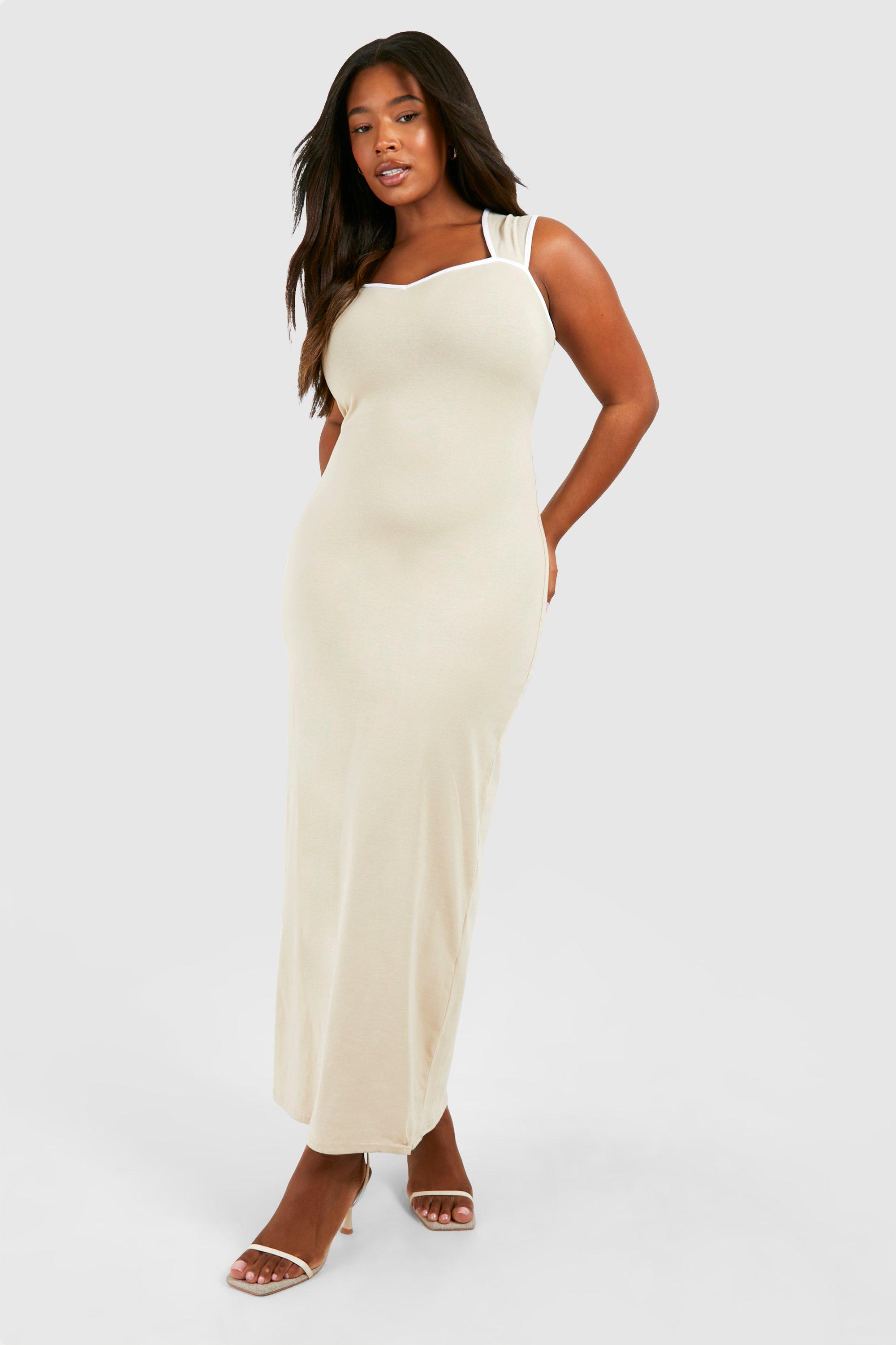 Boohoo Plus Contrasterende Katoenen Elastische Maxi Jurk Met Harvormige Hals, Stone