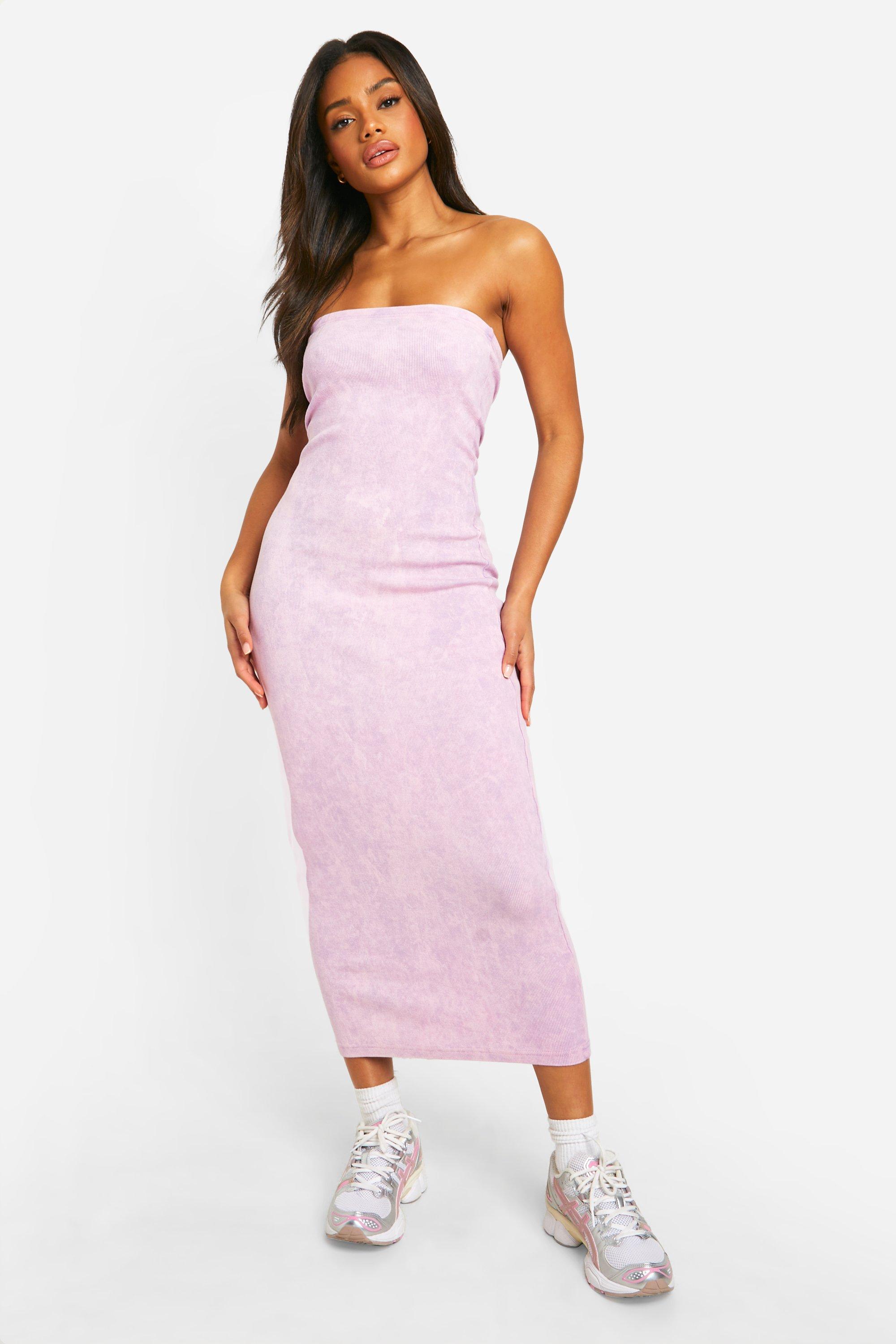 Boohoo Geribbelde Acid Wash Gebleekte Strapless Midaxi Jurk, Lilac