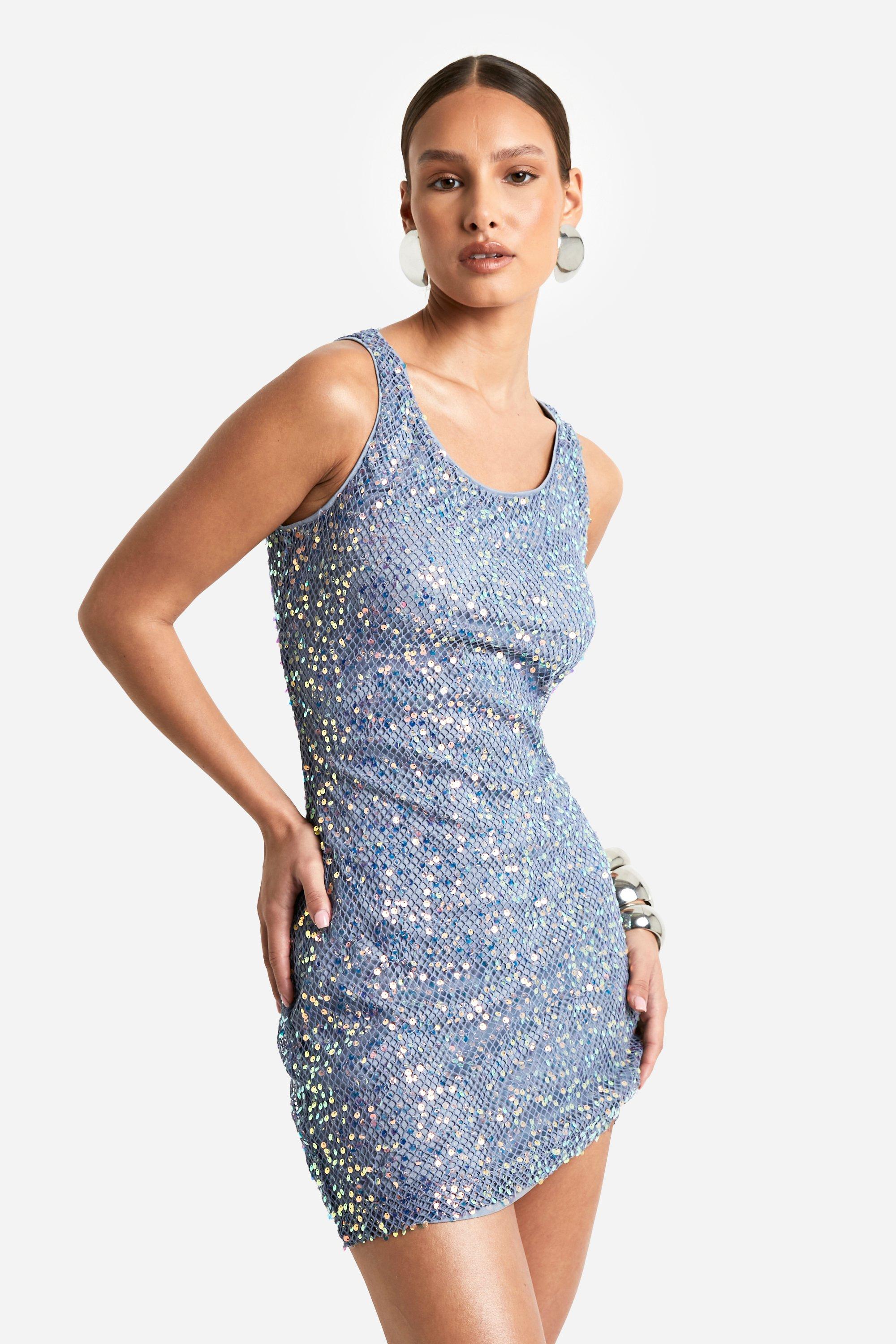 Boohoo Gehaakte Glitter Mini Jurk Met Racer Hals En Pailletten, Blue