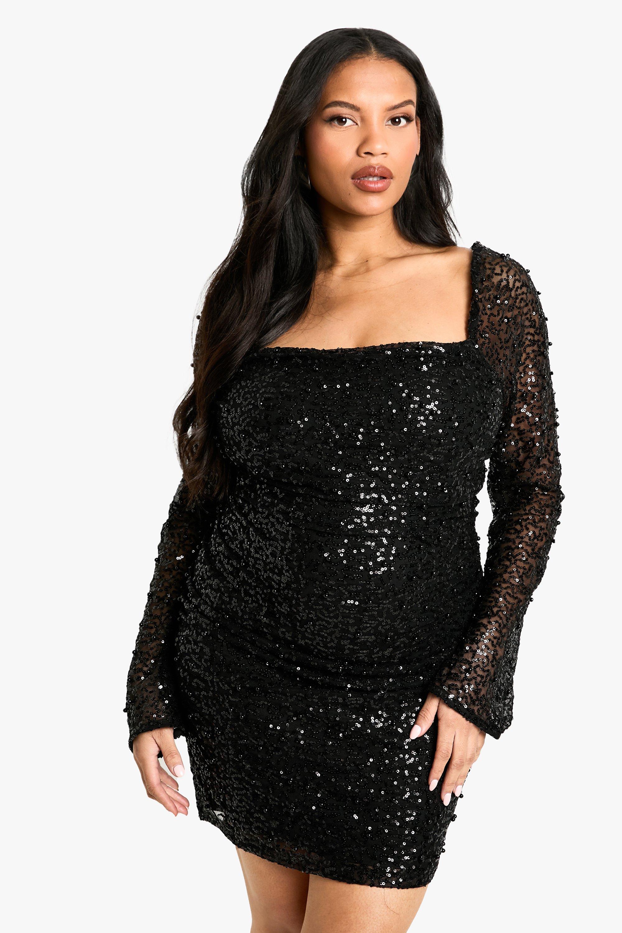 Boohoo Plus Geplooide Bodycon Jurk Met Parels, Black