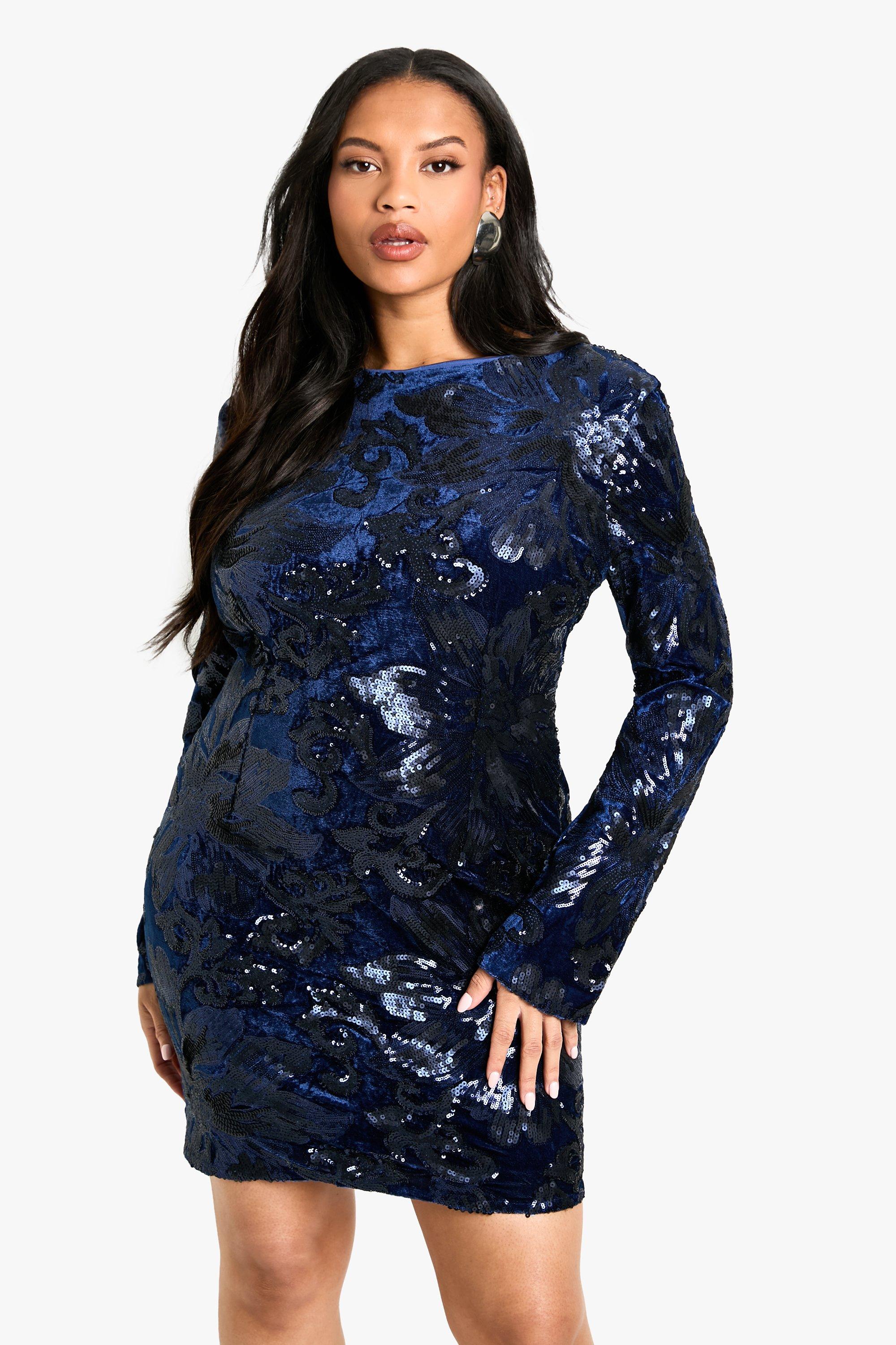 Boohoo Plus Fluwelen Demask Bodycon Jurk, Navy