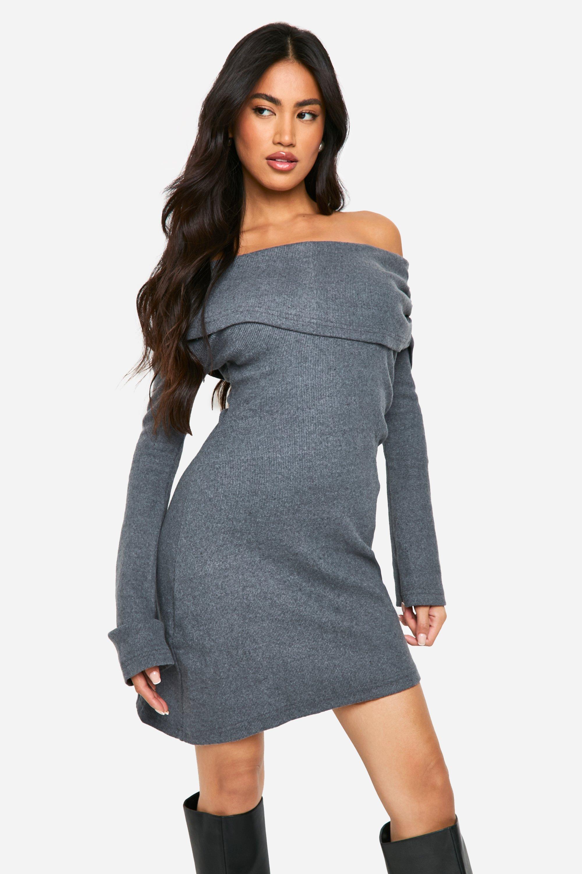 Boohoo Geborstelde Geribbelde Mini Jurk Met Lange Mouwen, Charcoal