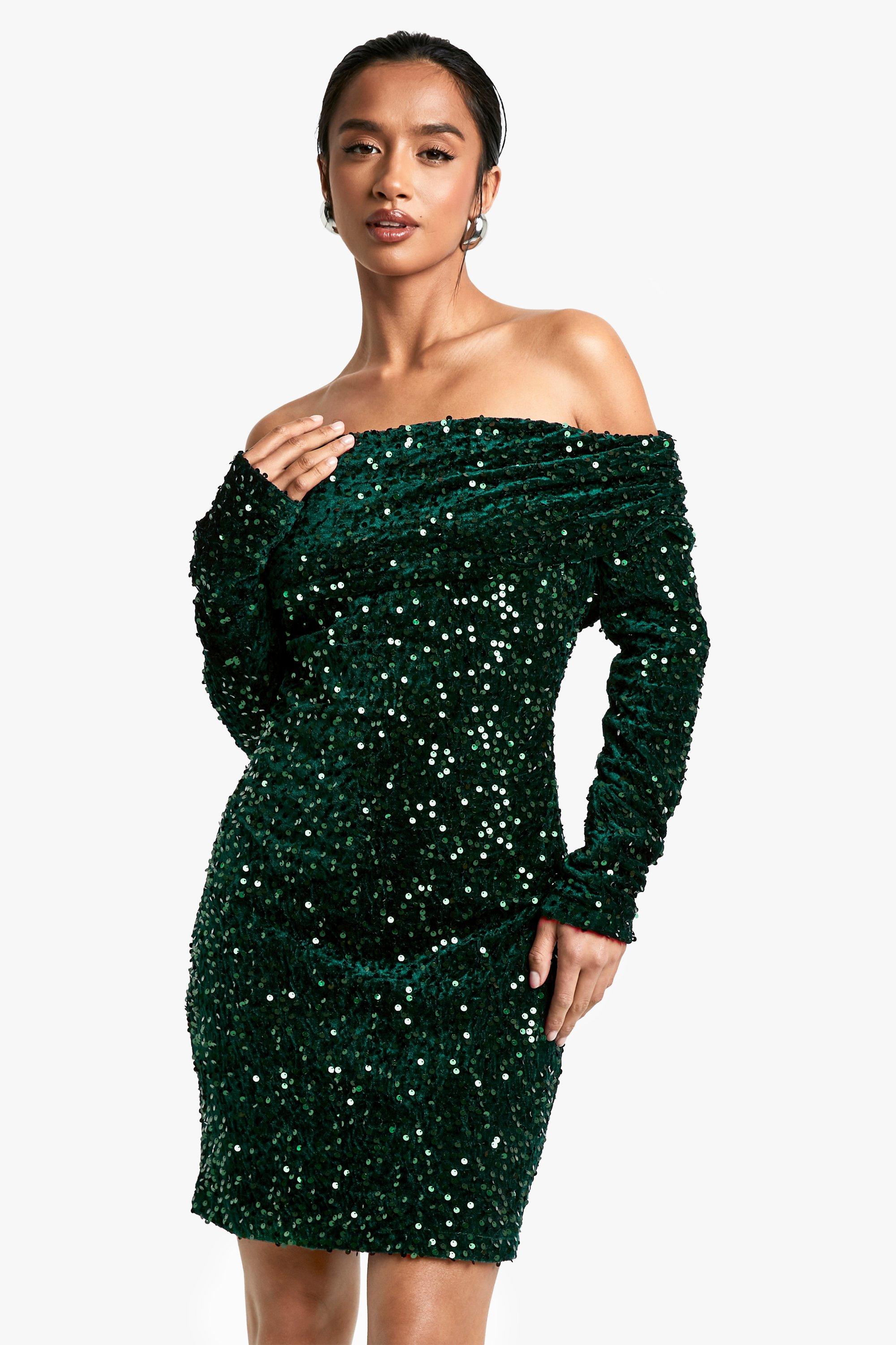 Boohoo Petite Fluwelen Glitter Mini Jurk Met Pailletten En Uitgesneden Hals, Emerald