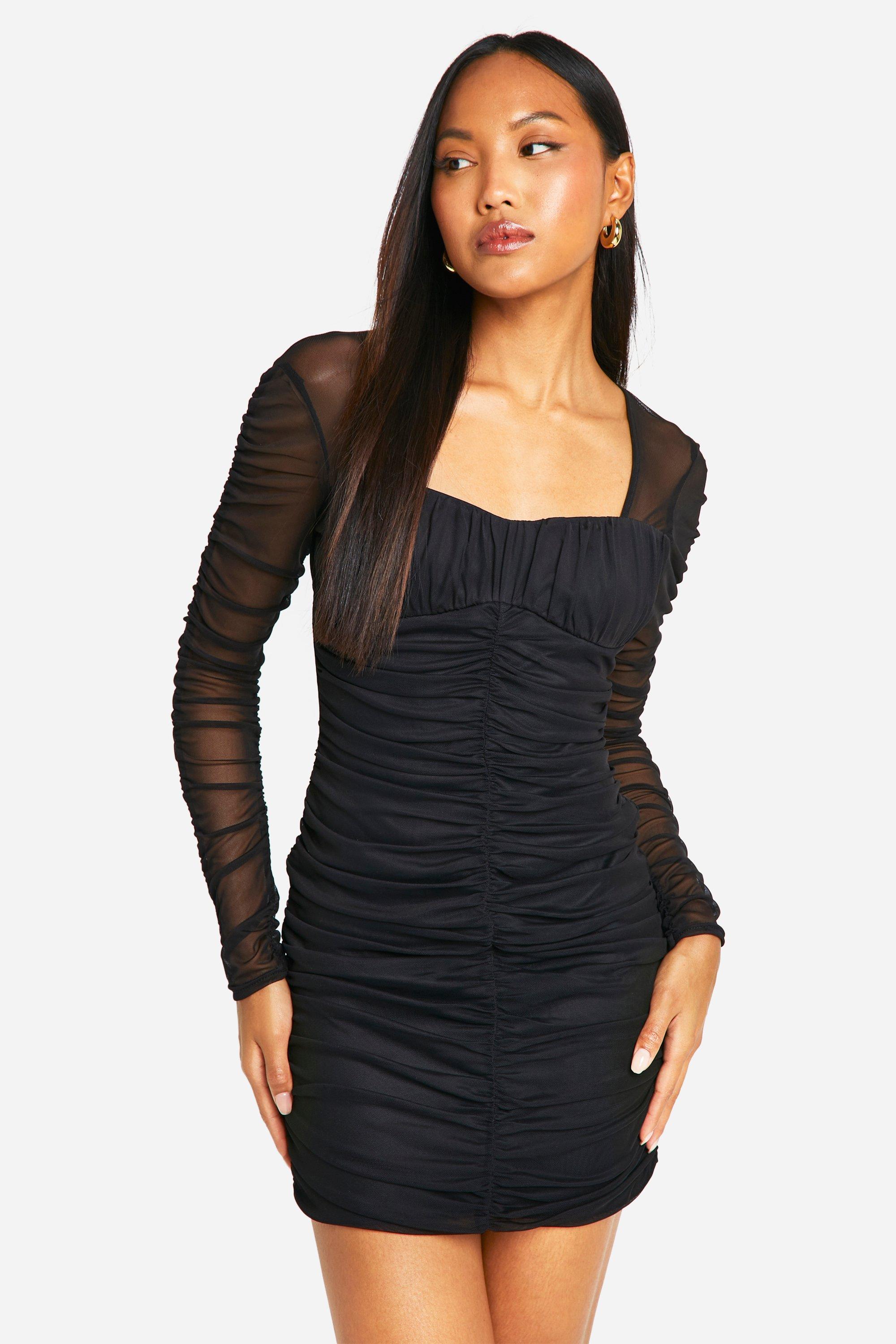 Boohoo Geplooide Mesh Bodycon Jurk, Black