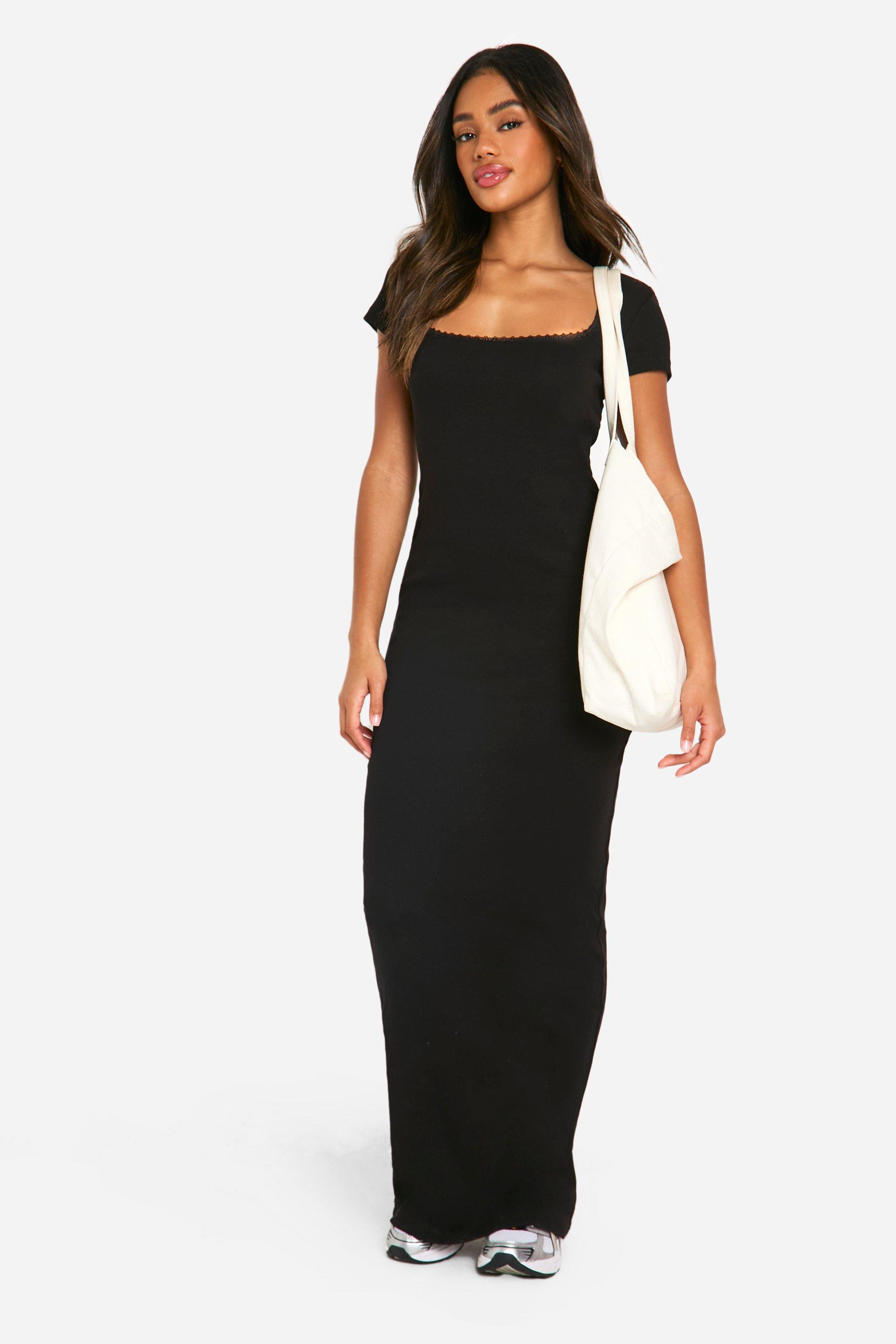 Boohoo Geribbelde Maxi Jurk Met Kanten Zoom, Black