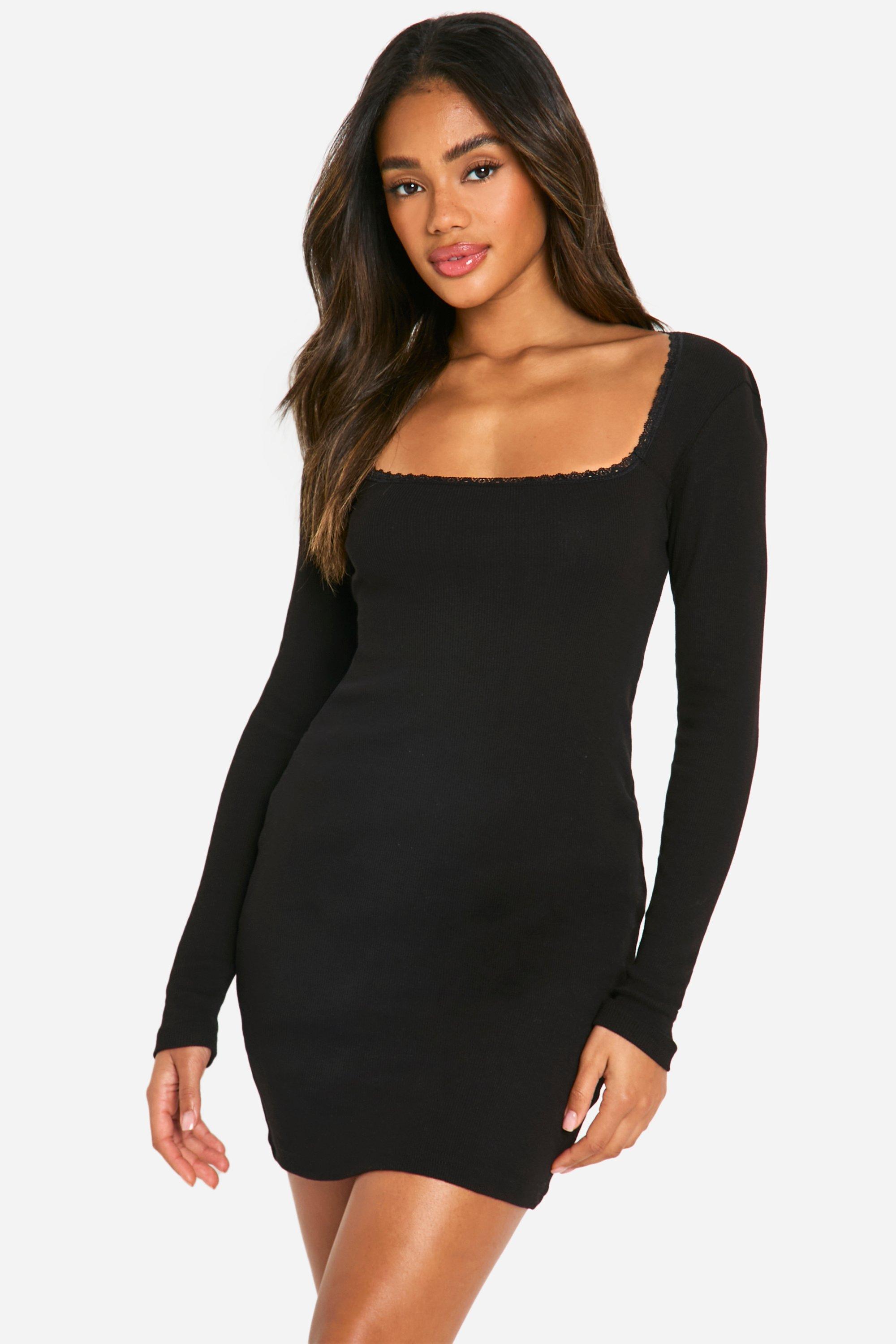 Boohoo Geribbelde Mini Jurk Met Kanten Zoom, Black