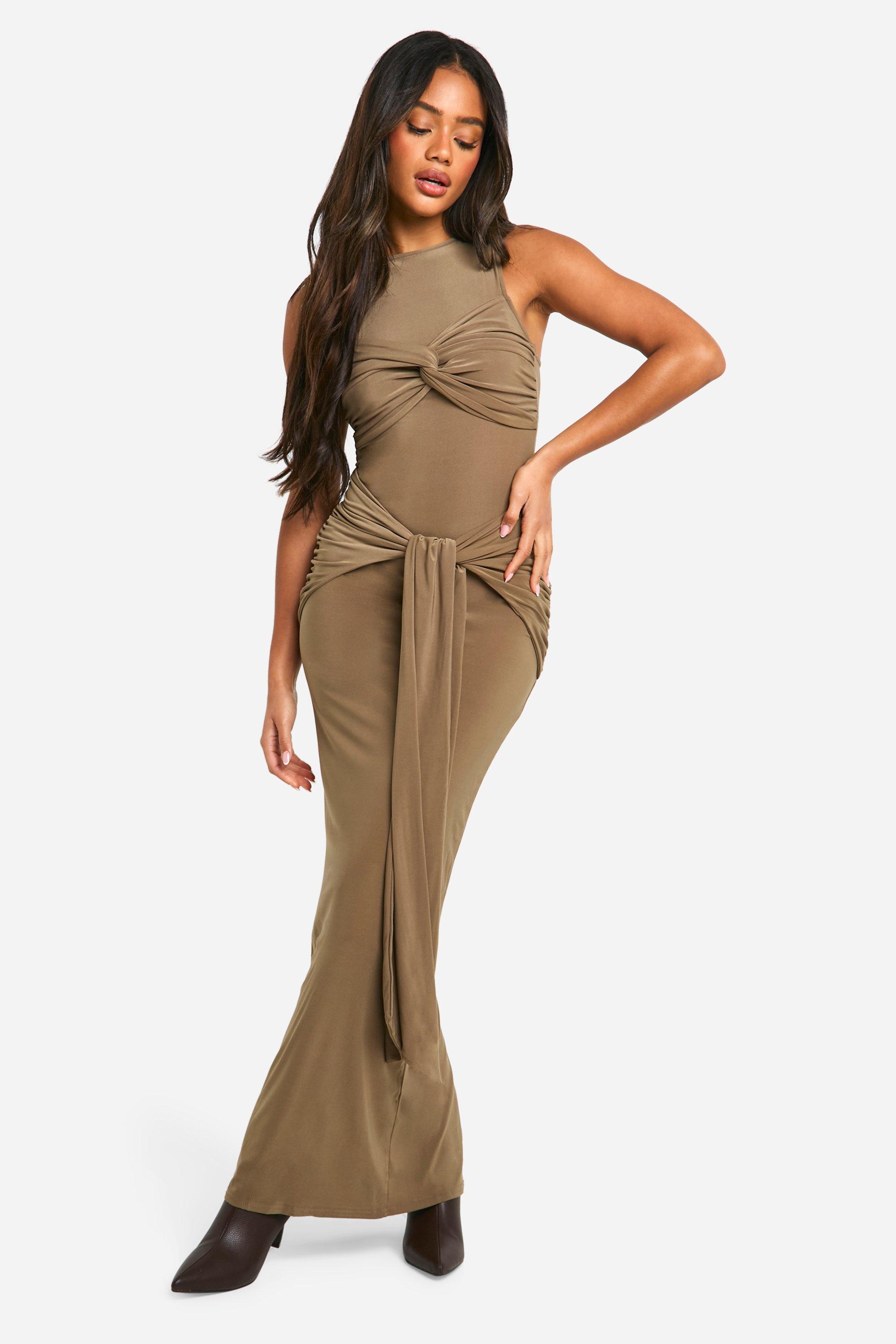 Boohoo Geplooide Gedraaide Maxi Jurk Met Racer Hals, Mushroom