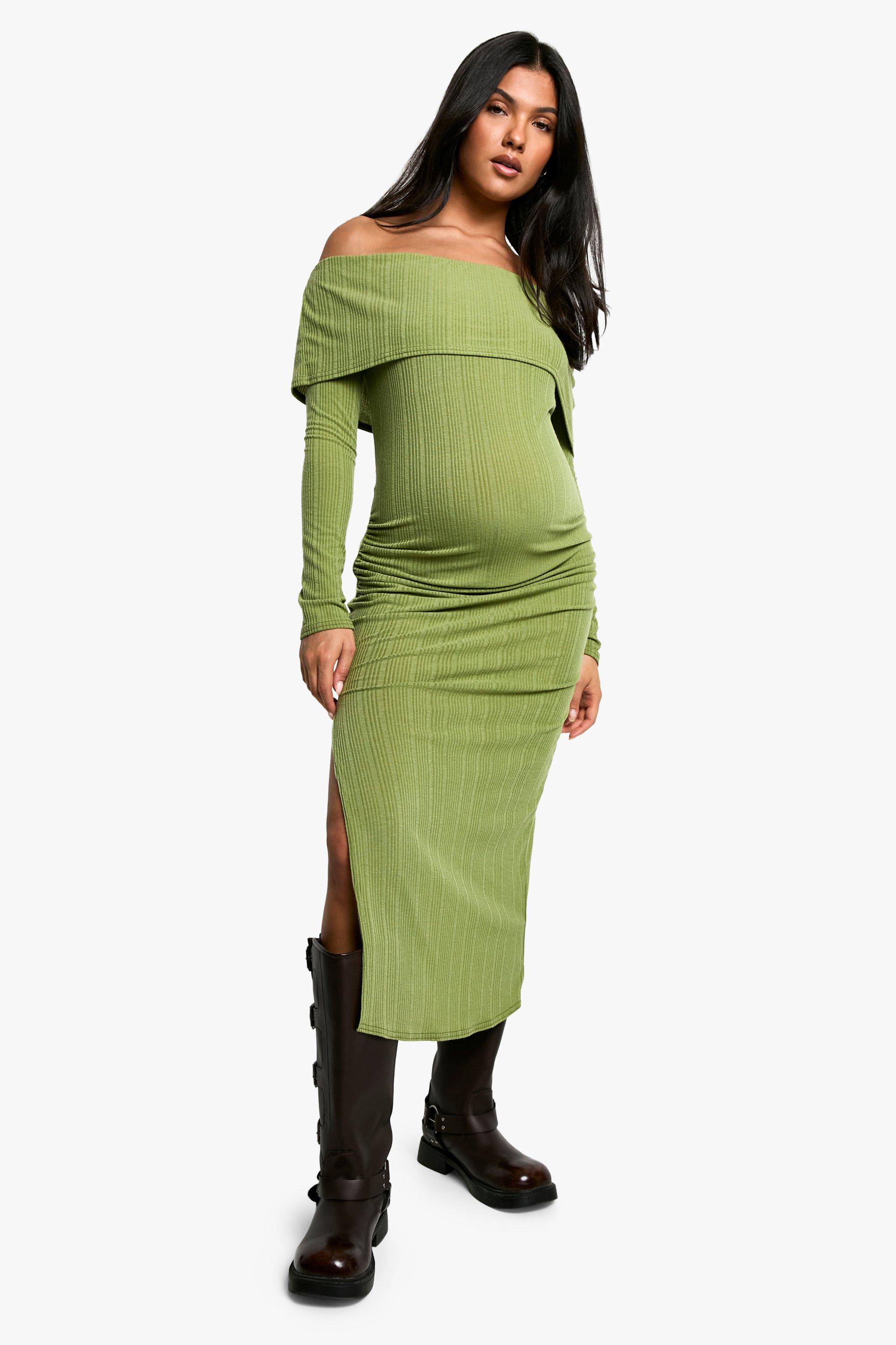 Boohoo Zwangerschap Zachte Geribbelde Off Shoulder Midaxi Jurk Met Lange Mouwen En Zijsplit, Olive