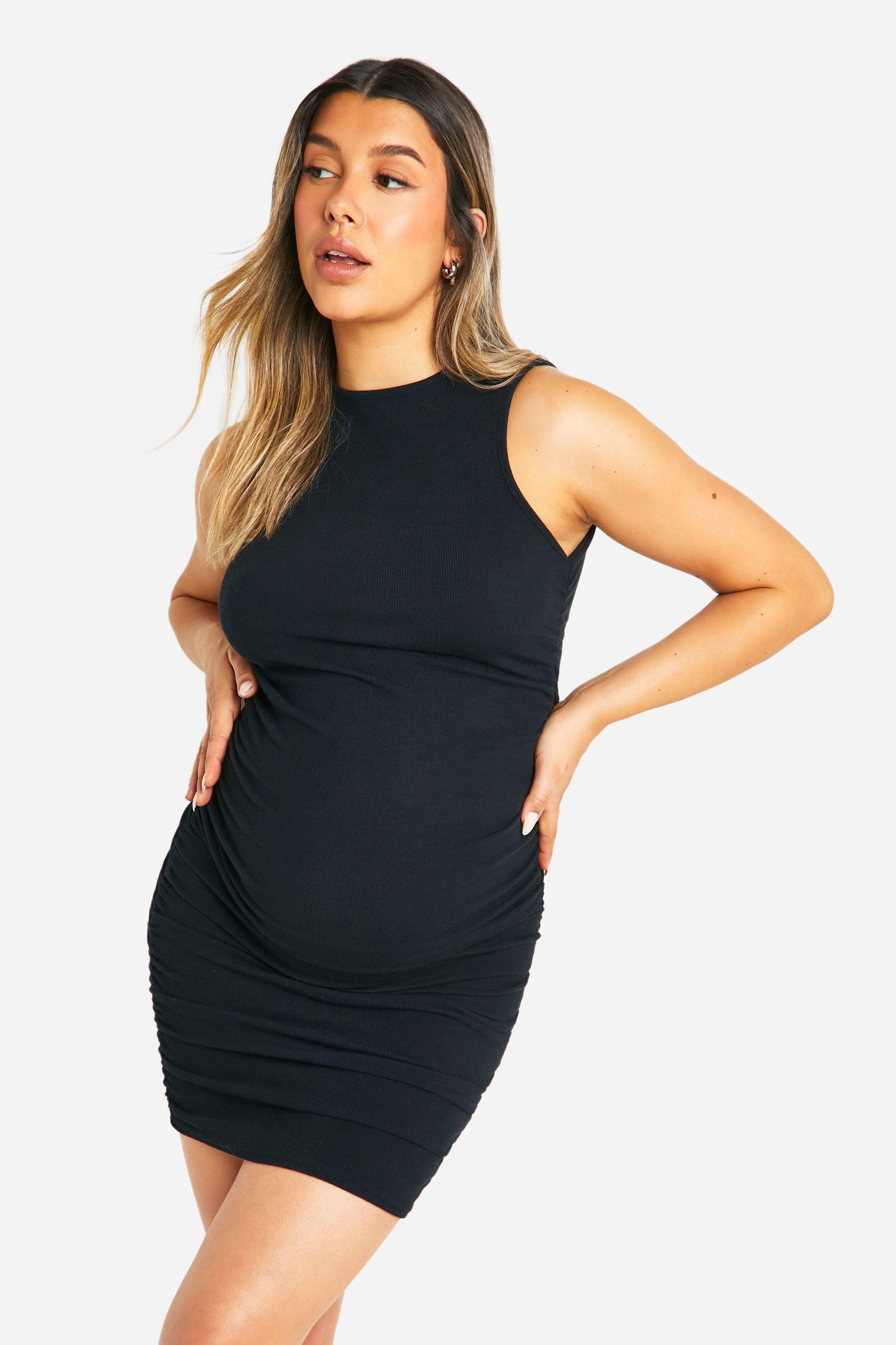 Boohoo Zwangerschap Geribbelde Oversized Geplooide Mini Jurk Met Textuur En Racer Hals, Black