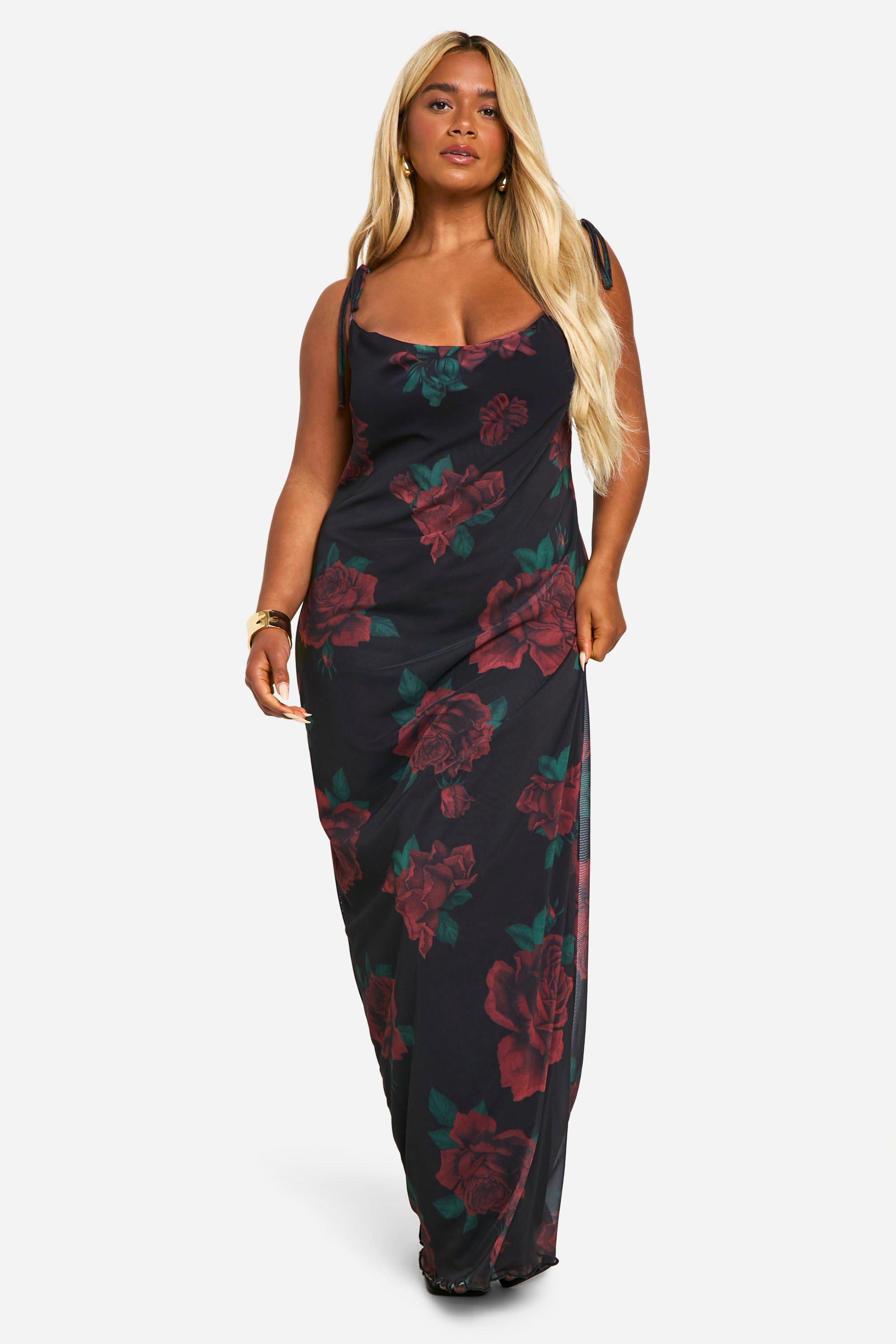 Boohoo Plus Mesh Rozen Bloemen Maxi Jurk Met Ceintuur En Waterval Hals, Black