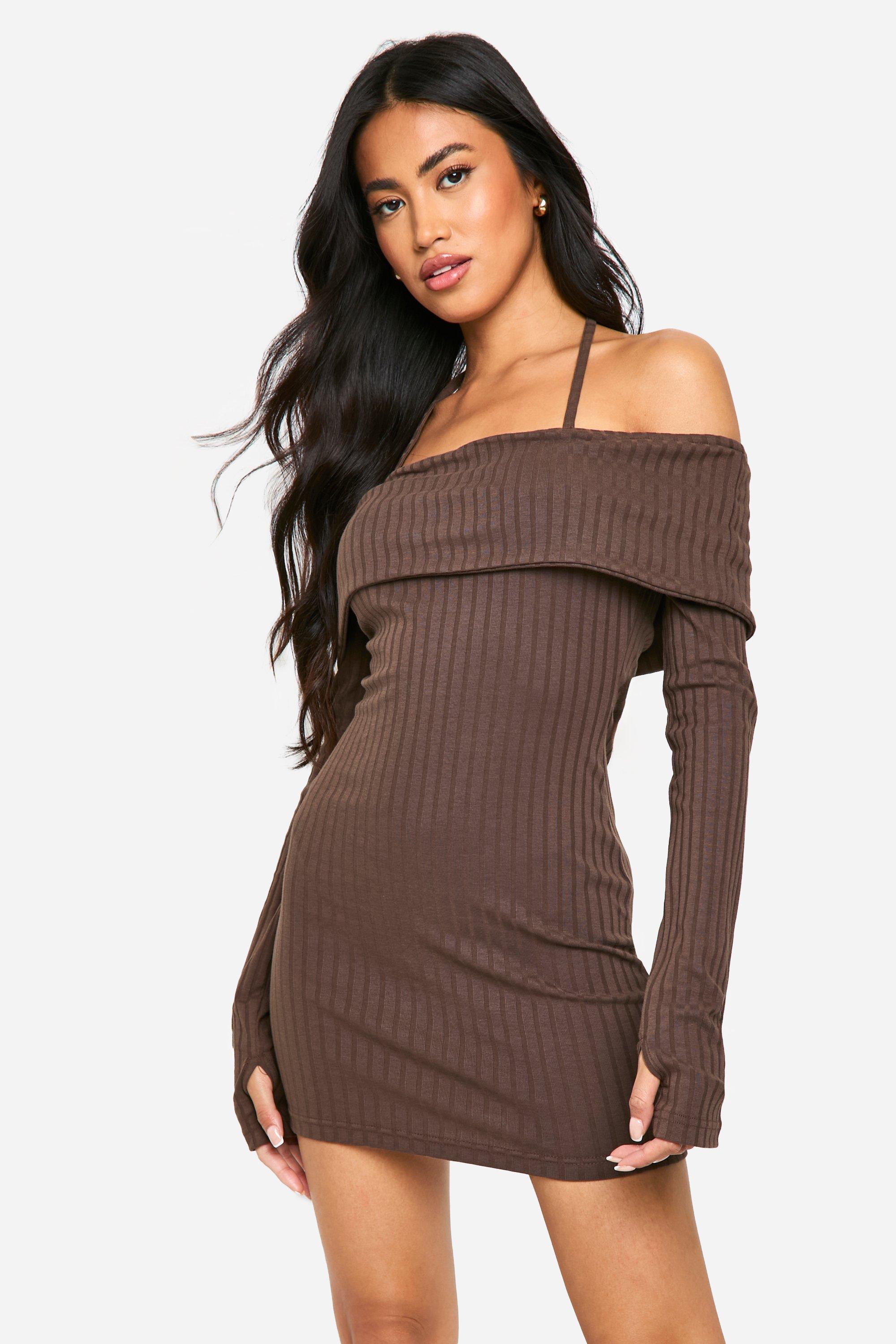 Boohoo Brede Geribbelde Mini Jurk Met Uitgesneden Hals En Strik, Chocolate