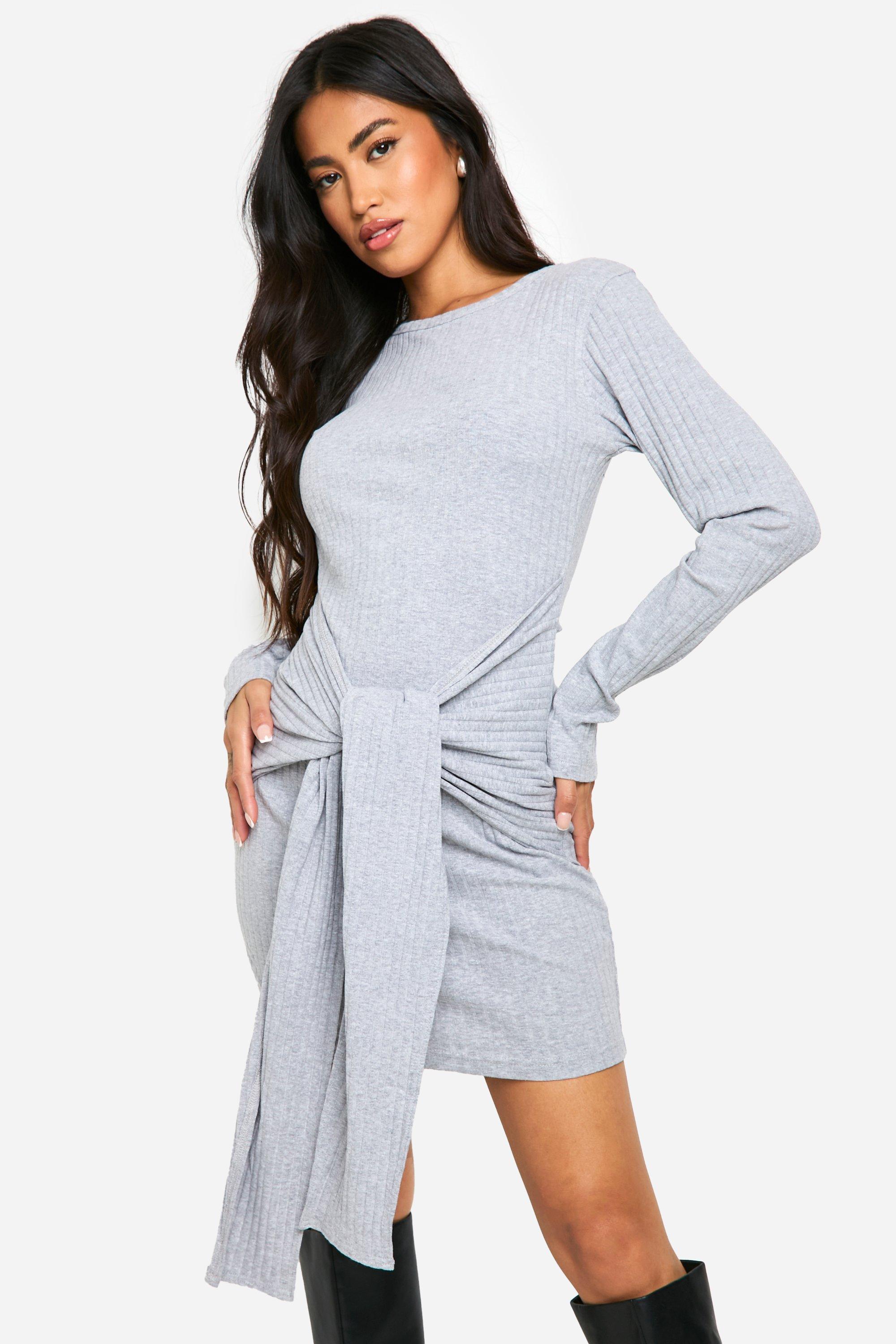 Boohoo Geribbelde Geplooide Mini Jurk Met Strik, Grey Marl