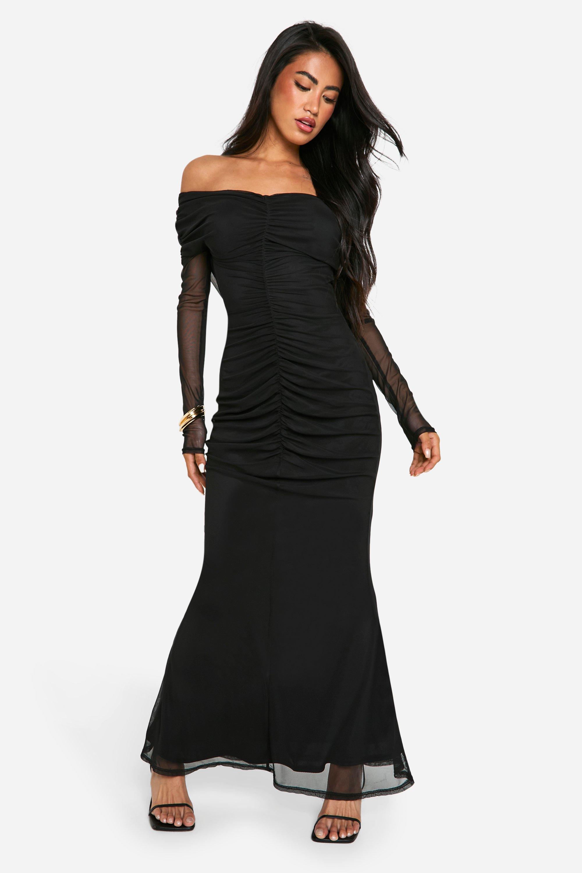 Boohoo Strakke Off Shoulder Maxi Jurk Met Mesh Detail, Black