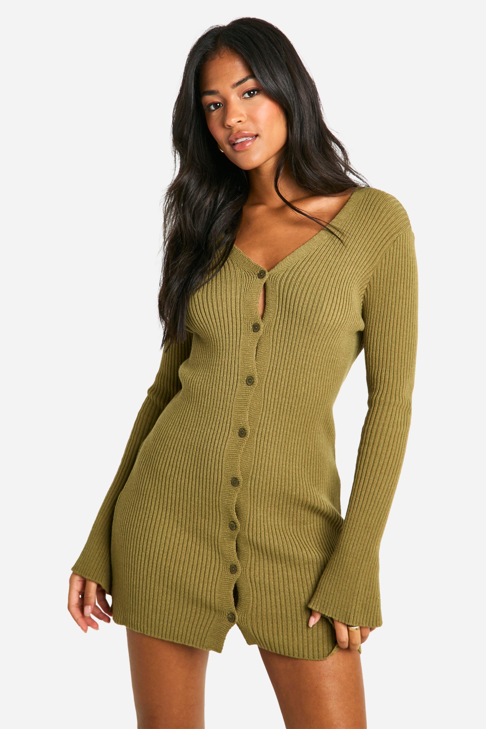 Boohoo Tall Gebreide Geribbelde Mini Jurk Met Knopen, Olive