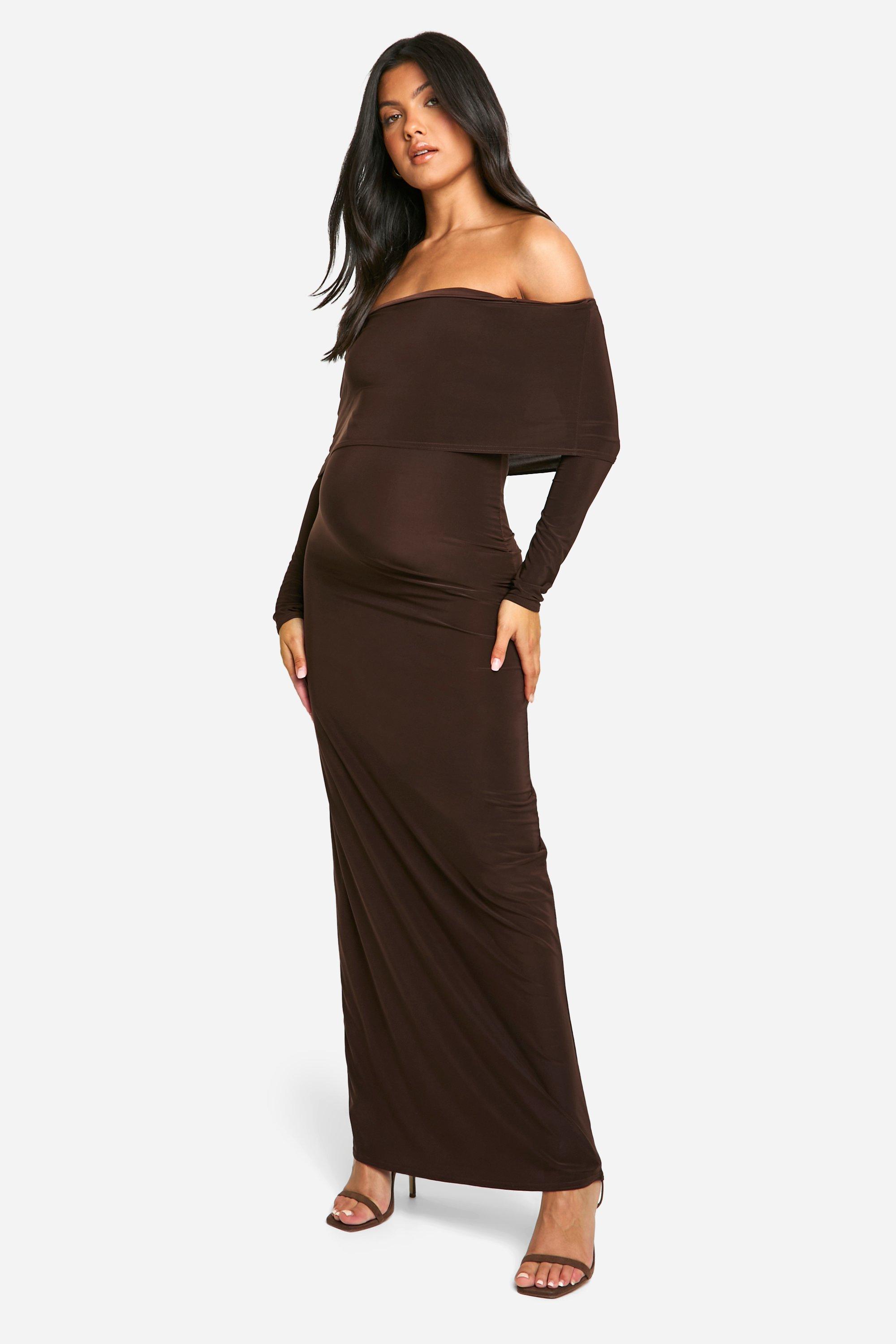 Boohoo Zwangerschap Strakke Off Shoulder Maxi Jurk Met Lange Mouwen, Chocolate