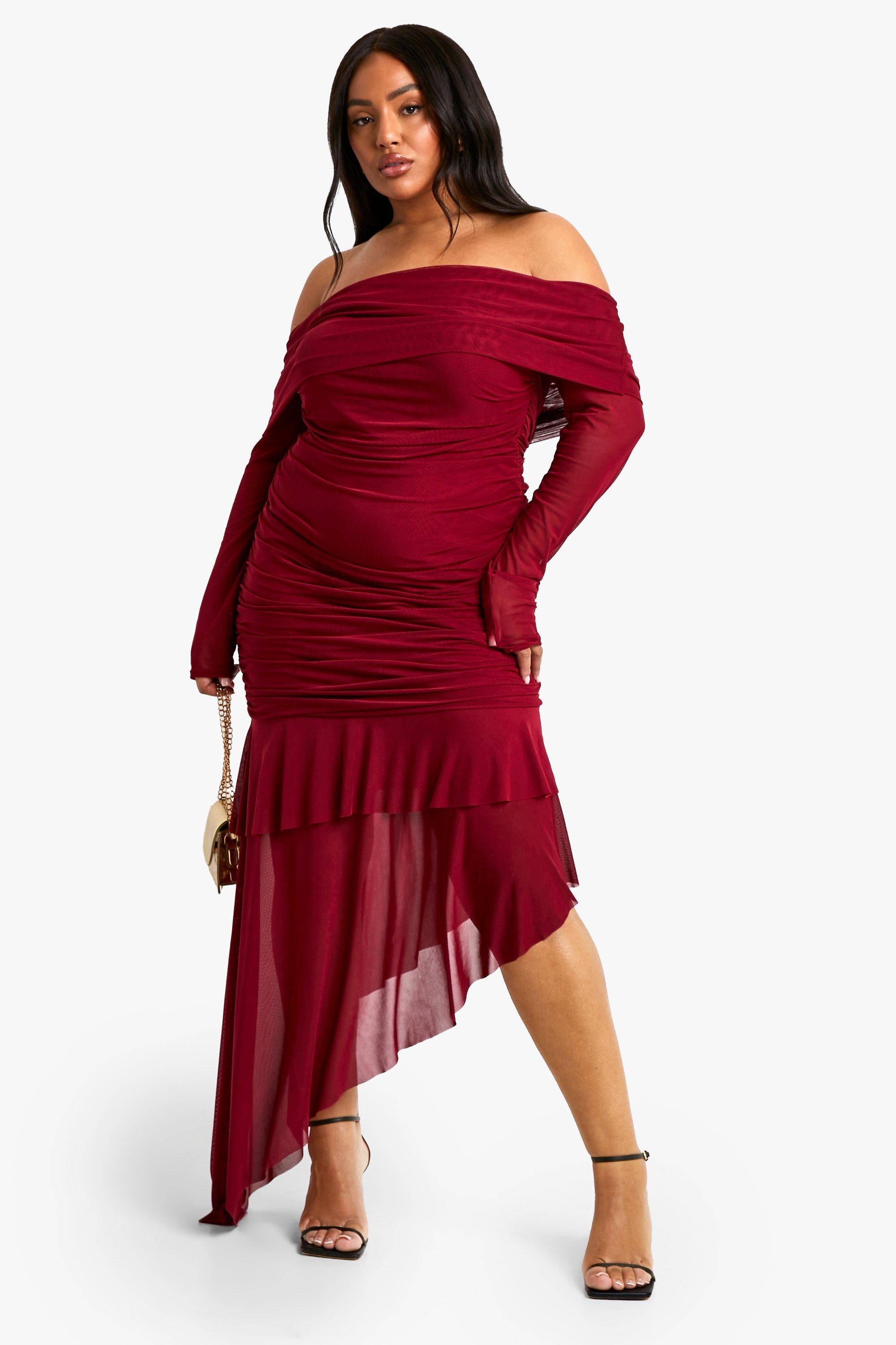 Boohoo Plus Geplooide Asymmetrische Mesh Off Shoulder Maxi Jurk, Berry