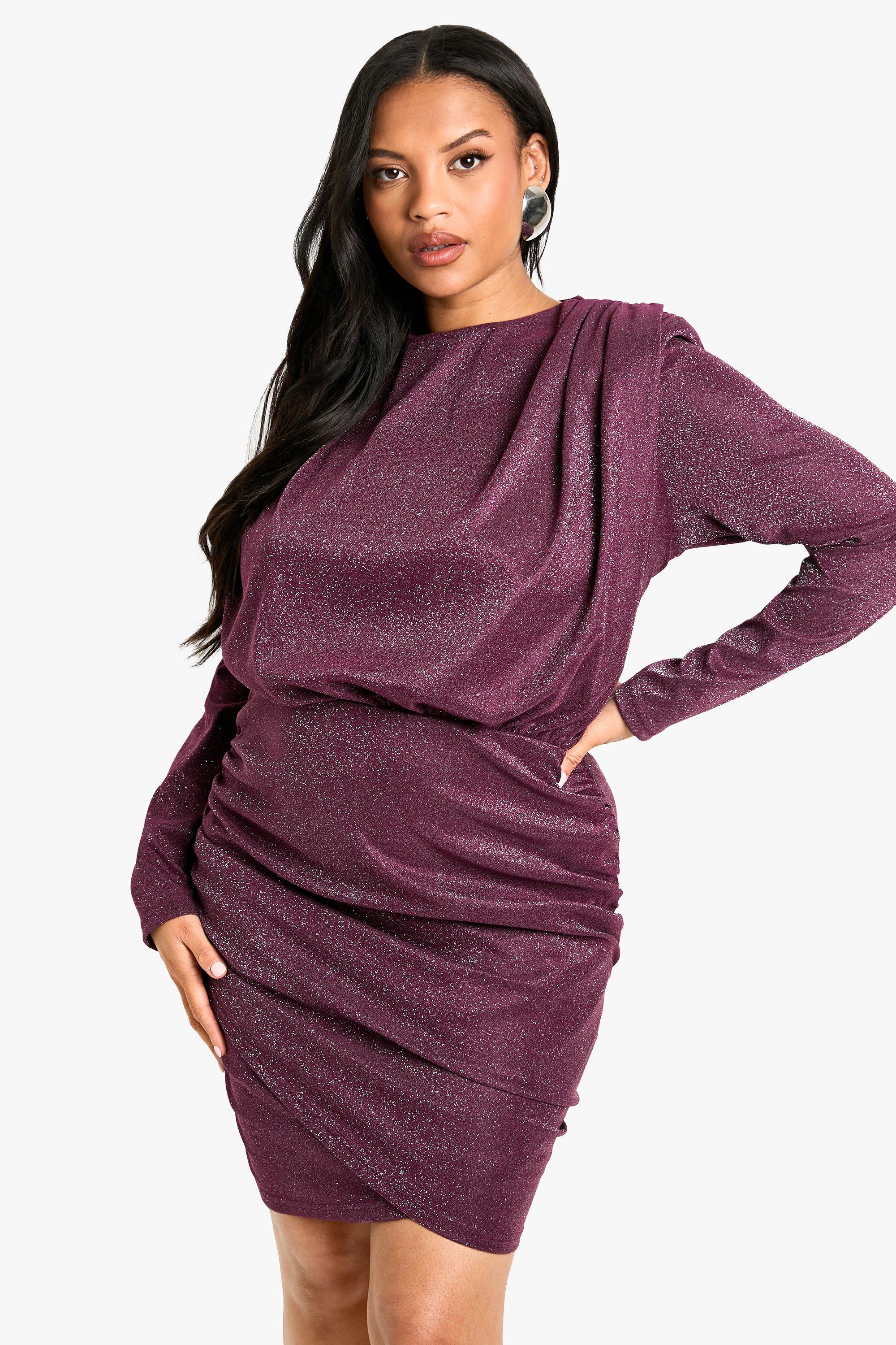 Boohoo Plus Geplooide Glitter Jurk Met Schouderpads, Plum