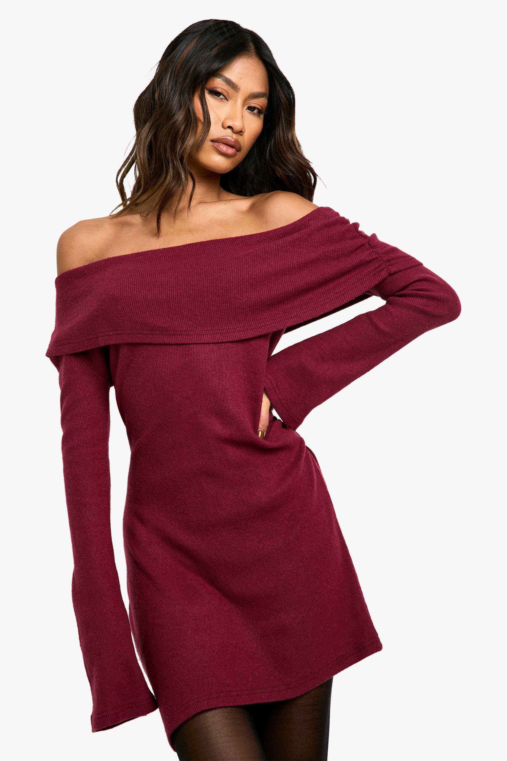 Boohoo Geborstelde Geribbelde Mini Jurk Met Lange Mouwen, Plum