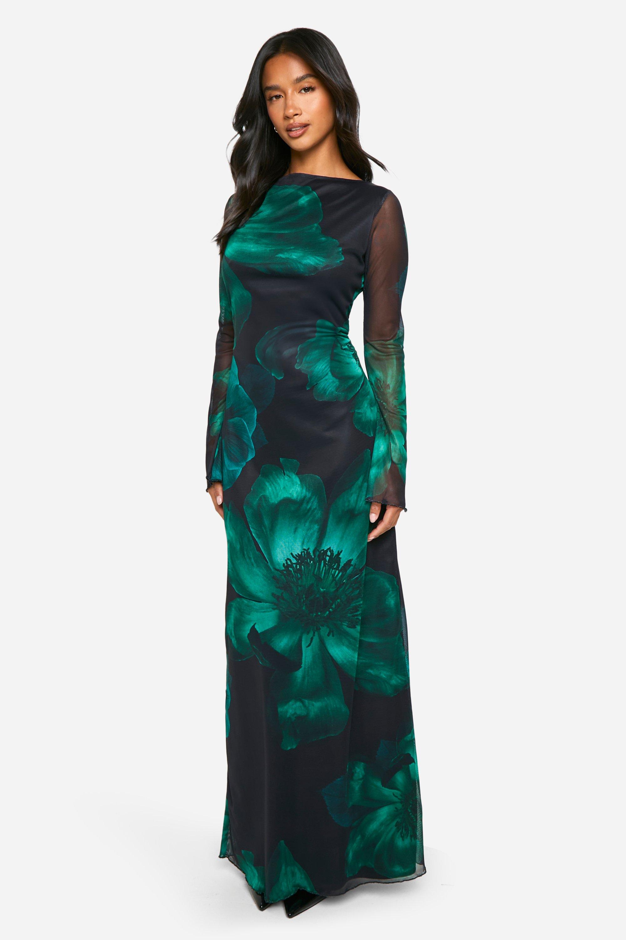 Boohoo Petite Bloemen Maxi Jurk Met Open Rug, Dark Green