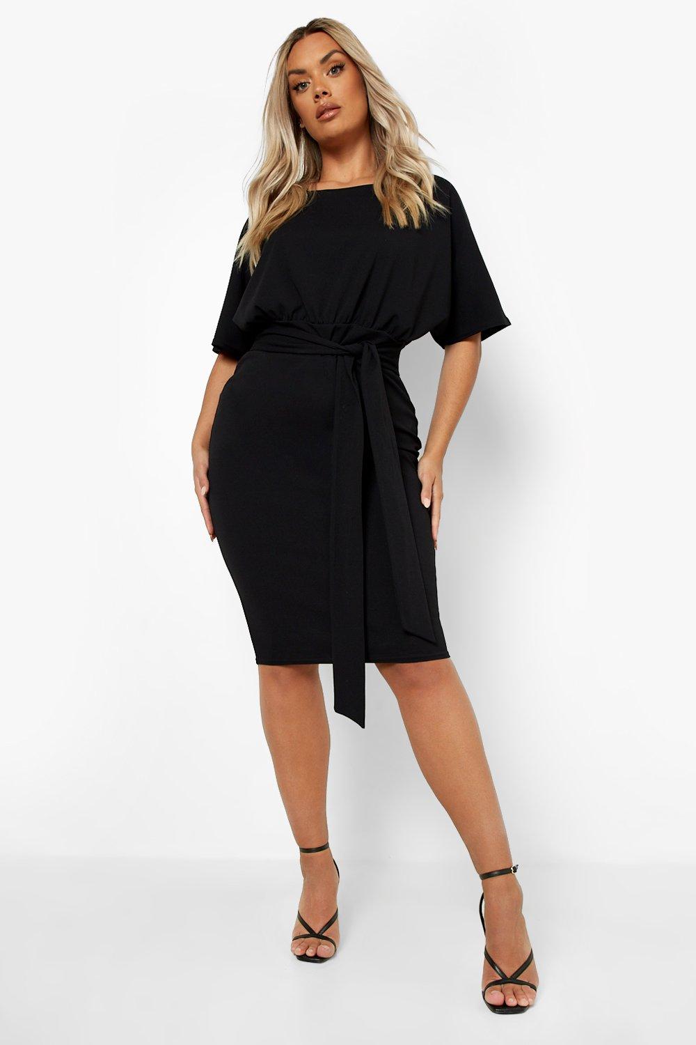 Boohoo Plus Midi Jurk Met Ceintuur En Kimono Mouwen, Black